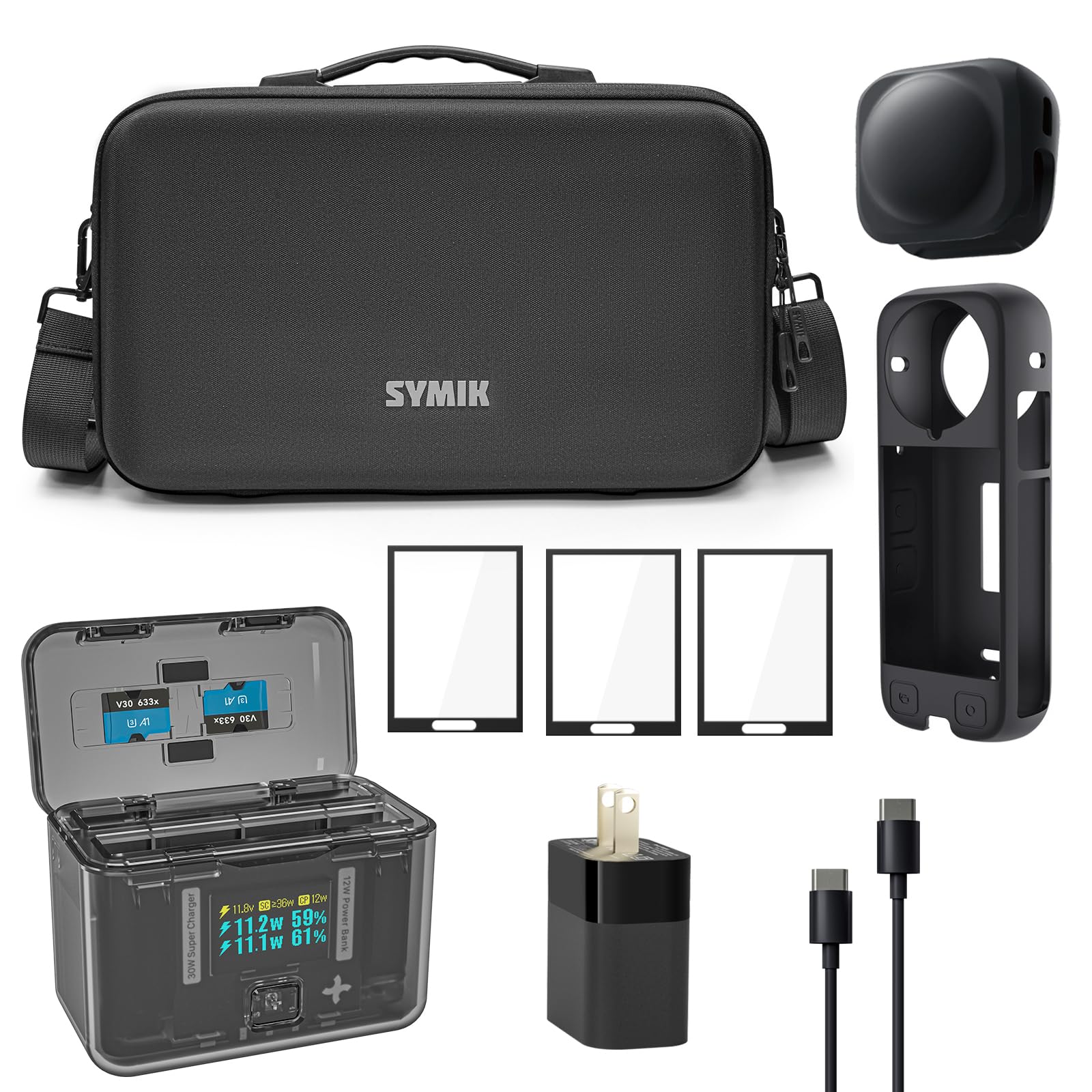SYMIK Essential Accessory Kit for Insta360 X4, Fast Charger, Carry Case, 30W PD GaN Power Adapter & Cable, 3 Pack Screen Protectors, Silicone Case