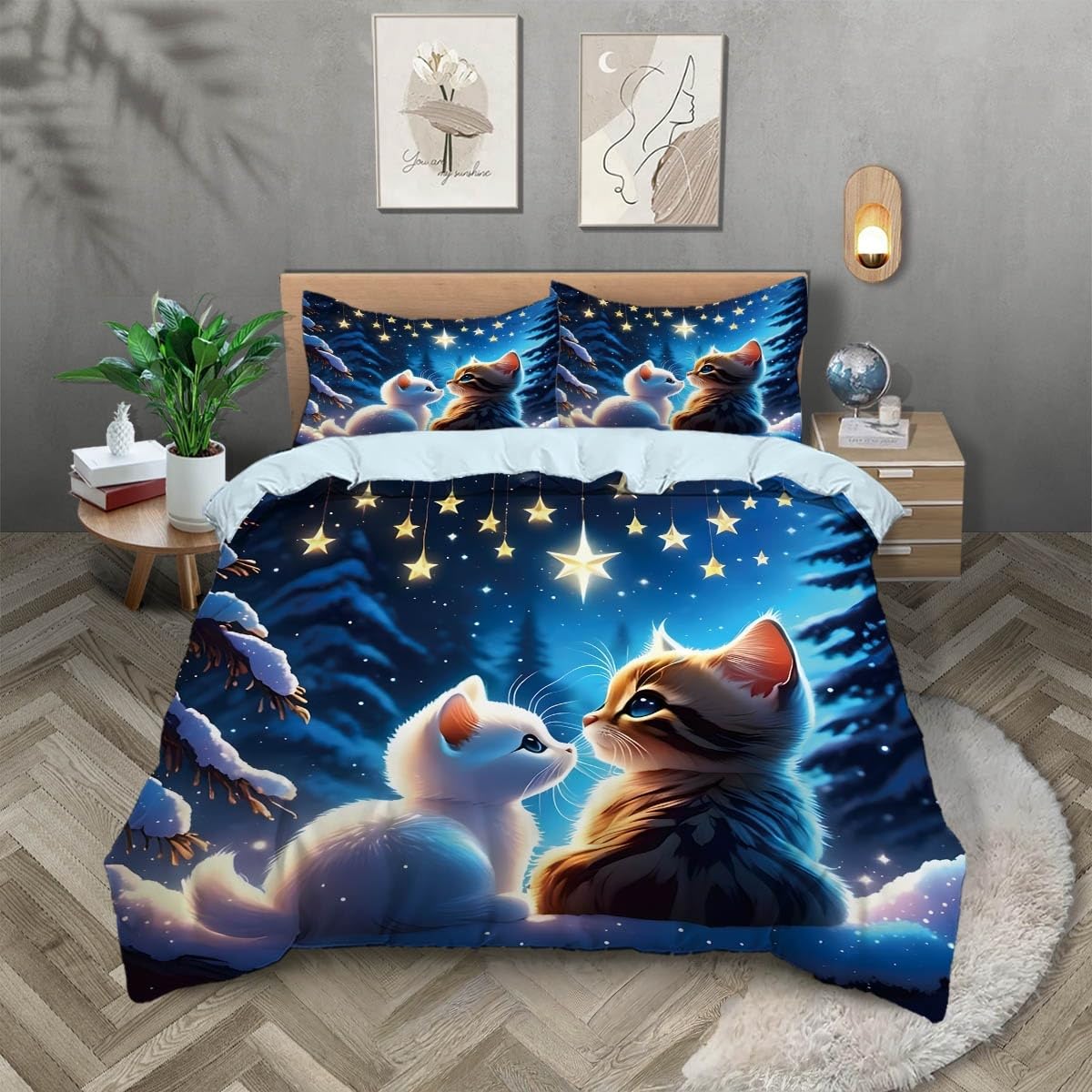 TKCQX King Size Duvet Cover Sets Cute Cat Starry Sky King Size Bedding for Kids Boys Girls Aldult Quilt Cover Made of Microfiber with Pillowcase 50x75 cm