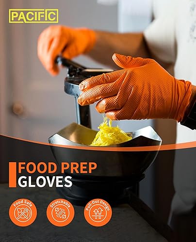 Miniatura 5 de PACIFIC - Guantes desechables industriales de nitrilo naranja, 8 mil, sin látex, textura de diamante totalmente elevada, seguros para alimentos,