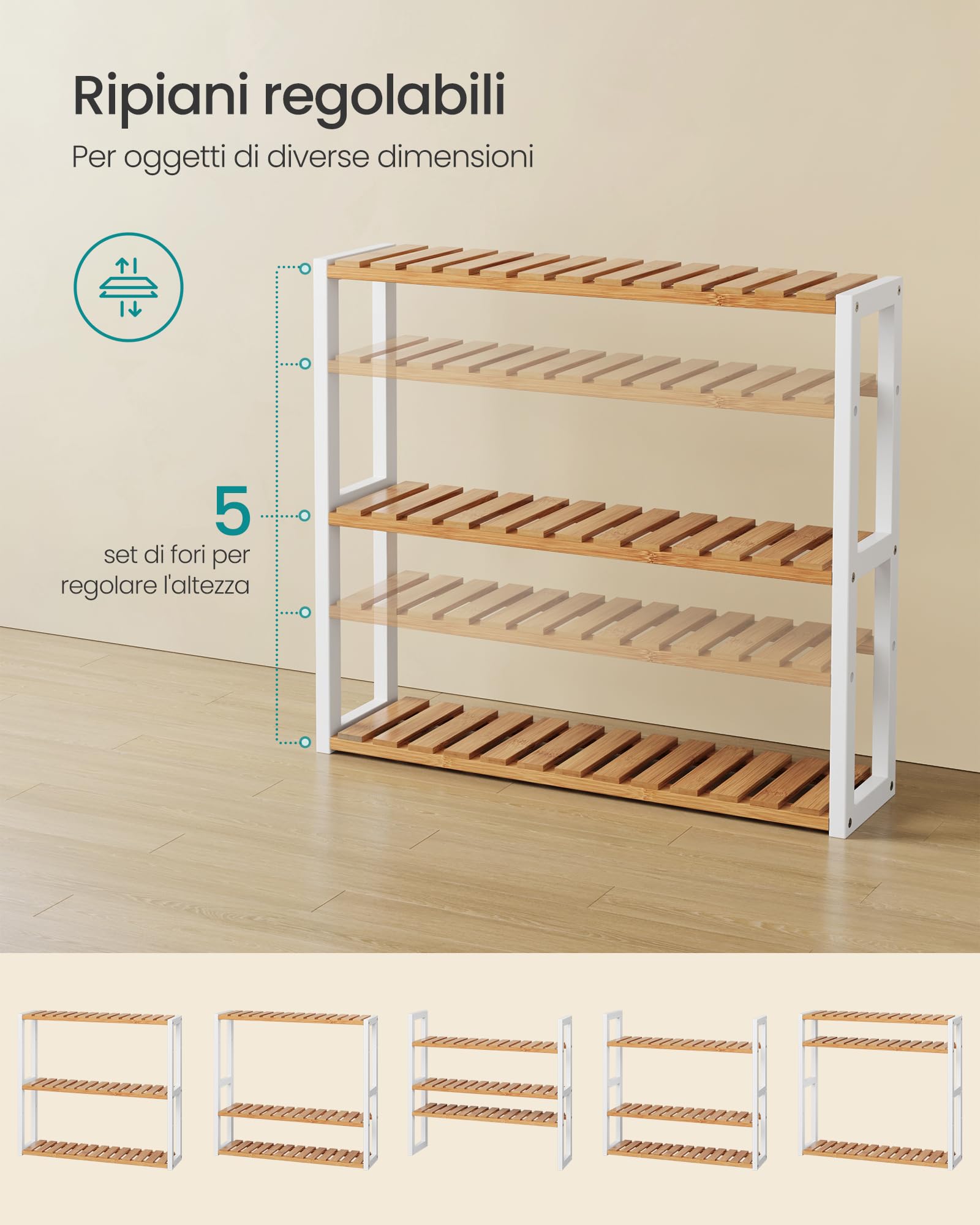 SONGMICS Mensole da Bagno, Scaffale da Bagno con 3 Ripiani Regolabili in Bambù, da Parete o da Terra, Porta Piante, per Soggiorno Balcone Cucina, 60 x 15 x 54 cm, Naturale e Bianco BCB13WN
