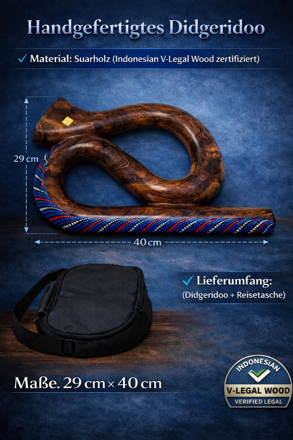 Didgeridoo de voyage en forme de S en bois de Suar, fait à la main et peint à la main à Dotpoint, didgeridoo professionnel compact avec sac de transport