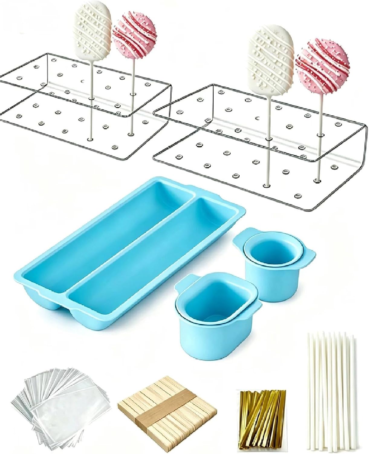 355-piece Cake Pop Mold Set,Cakesicle Cutter Pusher,Candy Pop Holder,Wrappers Tray and Lollipop Sticks for Home Desserts Making Accessories,Non-3D Printed (Blue)