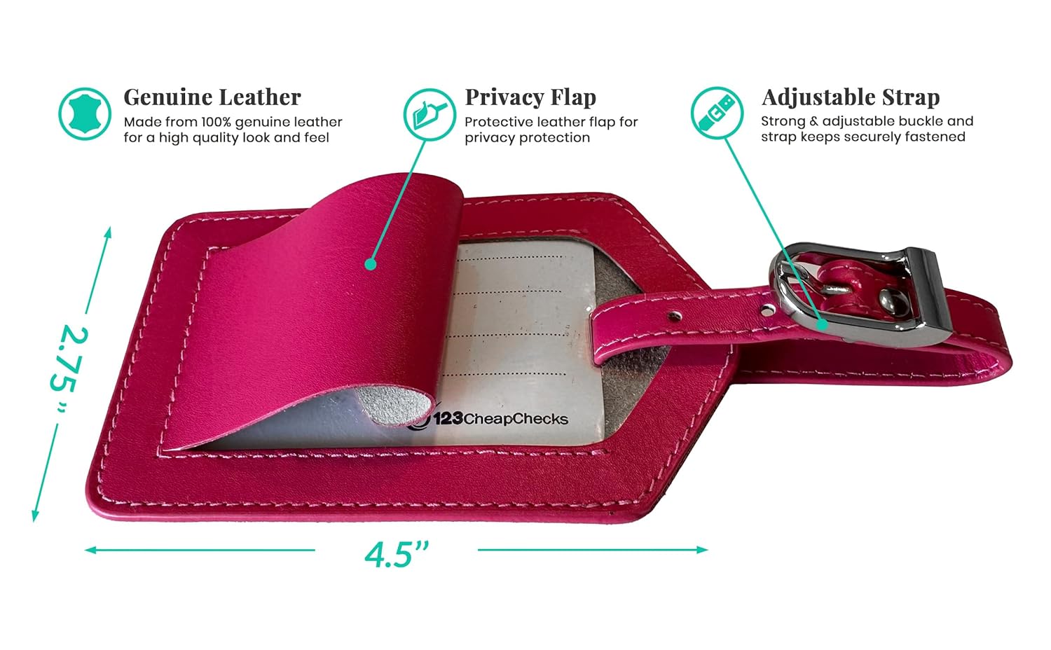 Bright Pink Genuine Top Grain Leather Luggage Tag - Image 2