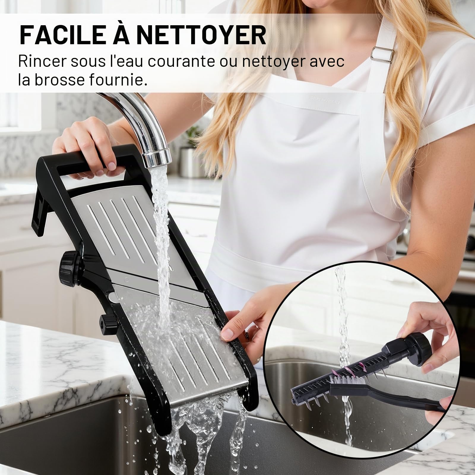 Masthome Mandoline Cuisine Professionnelle Inox, 10 modes de coupe | 10 en1 (tranches 3/6/9mm, julienne 4.5/9mm), 2 lames pivotantes, gants anti-coupure, protège-main et brosse.