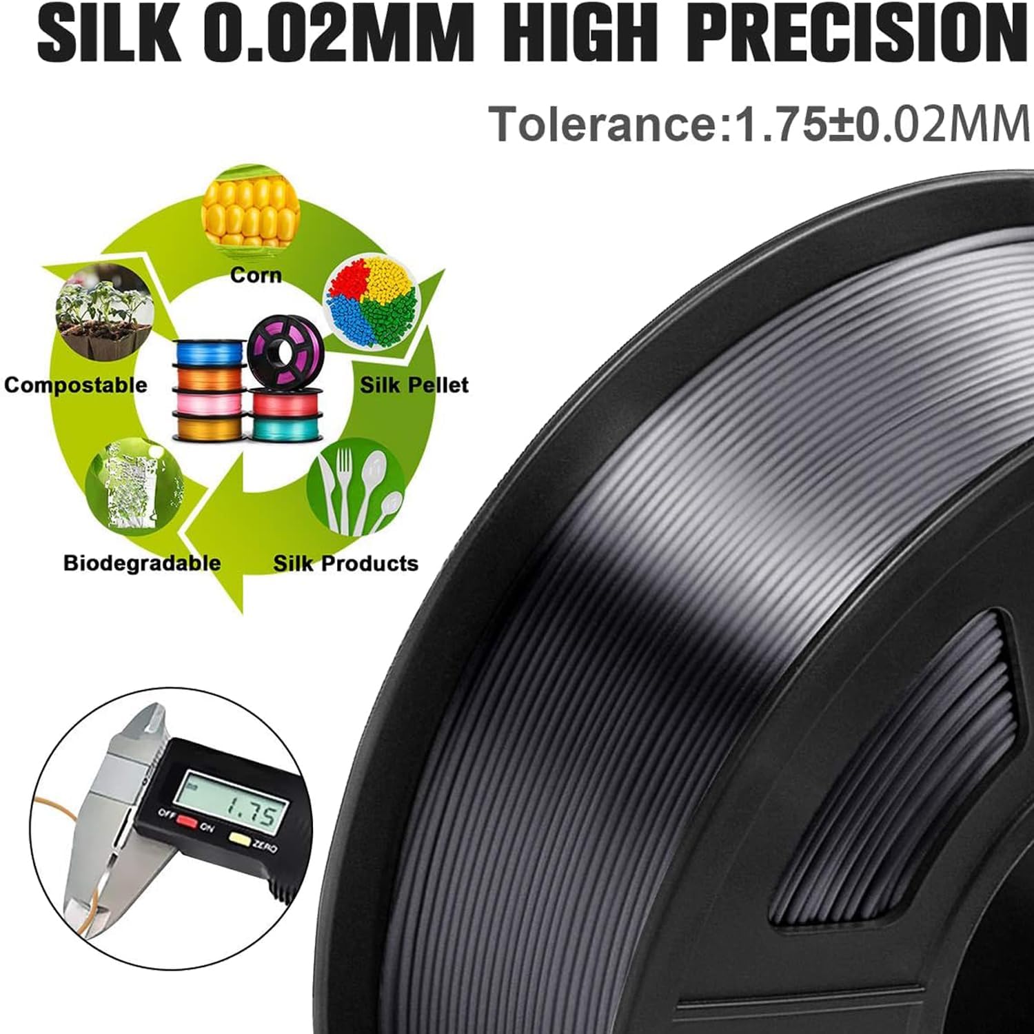 SUNLU - Filamento de seda 1.75 PLA, Blanco seda., 1