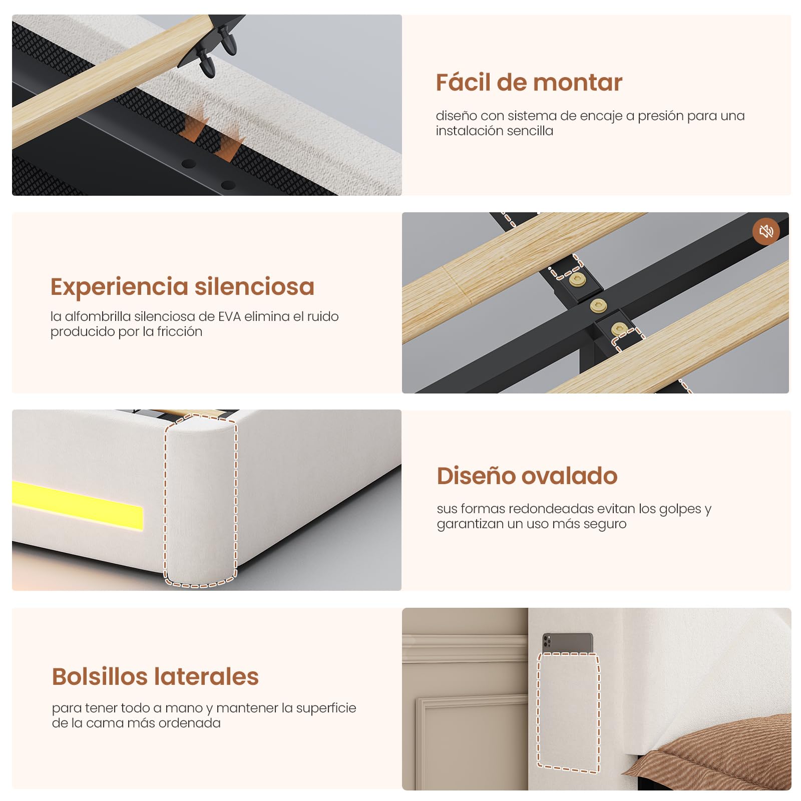 AOGLLATI Cama Juvenil 140x190cm, Cama Princesa, Camas Matrimoniales, Bianco | 2 Cajones de Almacenaje, Iluminación LED, Estación de Carga, Cabecero Tapizado, Bordes Redondeados, Modo música, Terciopelo
