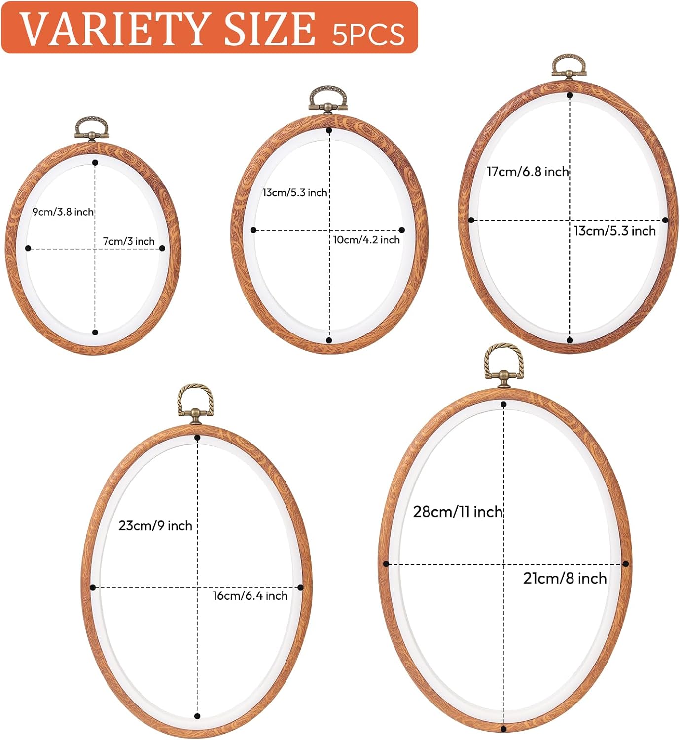 5PC Oval Embroidery Hoops Set, Imitation Wood Cross Stitch Frames in 5 Sizes,Embroidery Display Hoops for Needlework, Cross Stitch, Wall Decor, Horizontal & Vertical Hanging