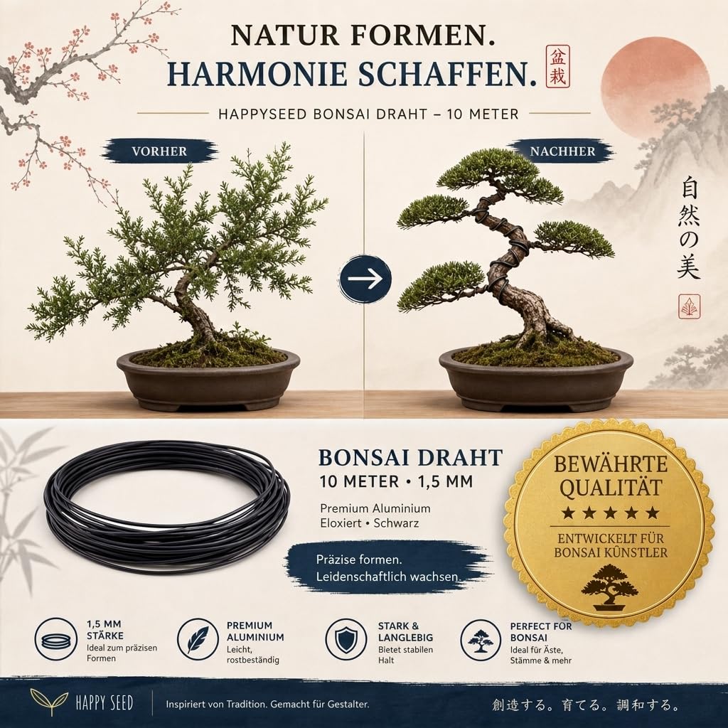 HAPPY SEED 10 m Filo per Bonsai in Alluminio anodizzato, Nero - Essenziale per Ottenere la Forma Desiderata del Bonsai - Ideale per cablare Alberi e Piante (1,5 mm)
