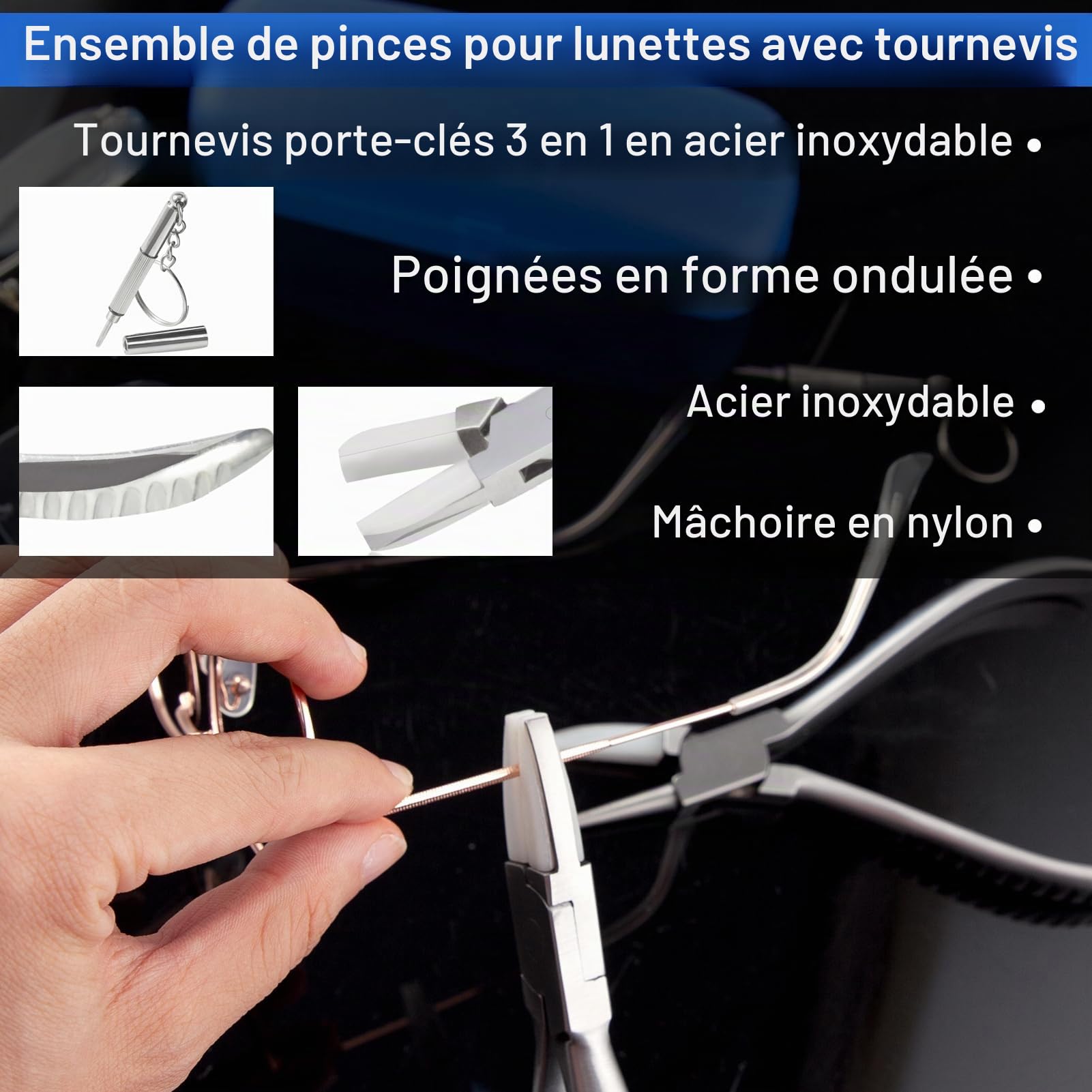 LEONTOOL Ensemble de pinces à mâchoire ronde et plate en nylon pour lunettes de vue - Outil de réparation de lunettes