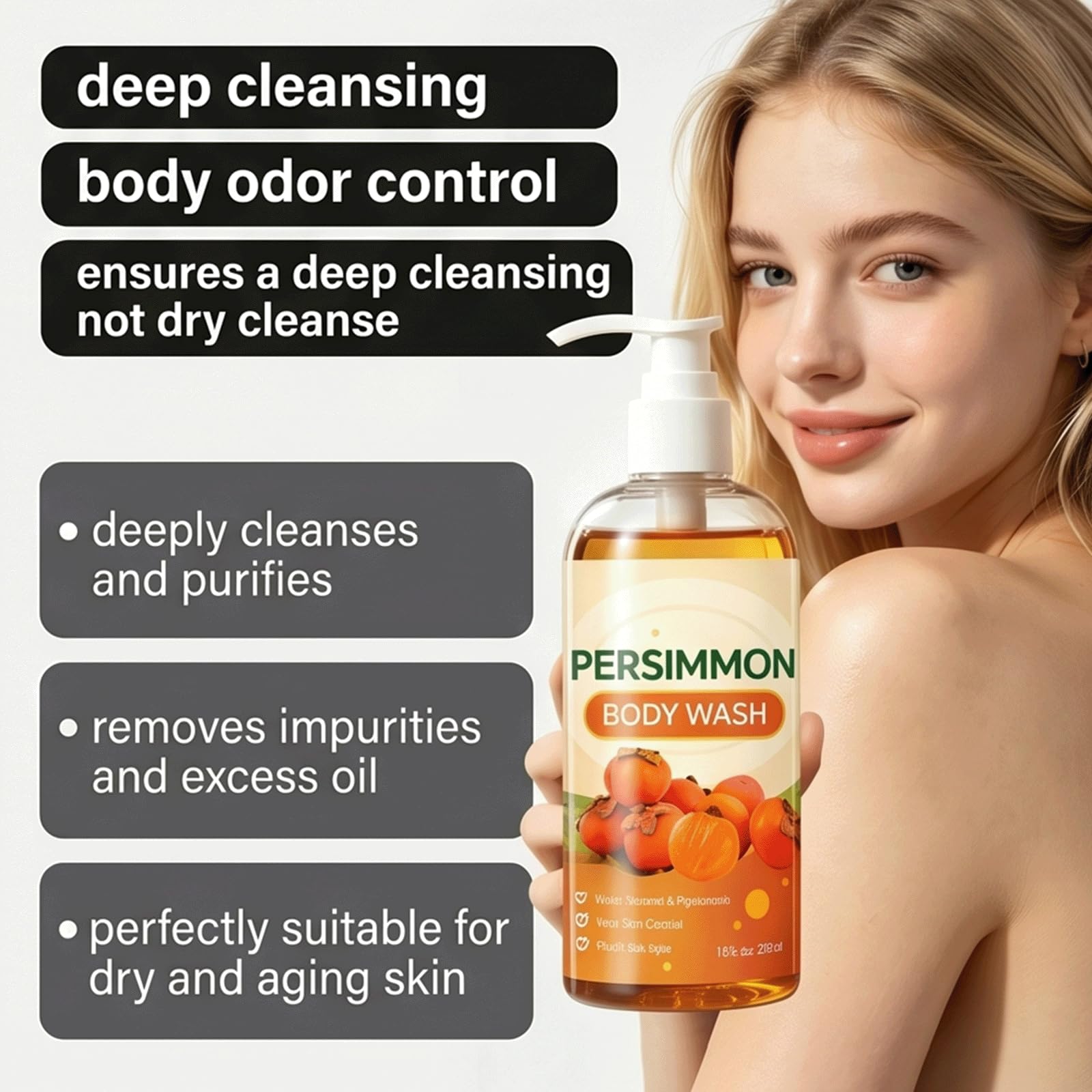 Persimmon Body Wash-Japanese Persimmon Dezodoryzujący Body Wash dla silnego zapachu Körper i zapachu starzenia, naturalny przeciwutleniacz rozjaśniający żel pod prysznic, poprawia szorstką (3szt)
