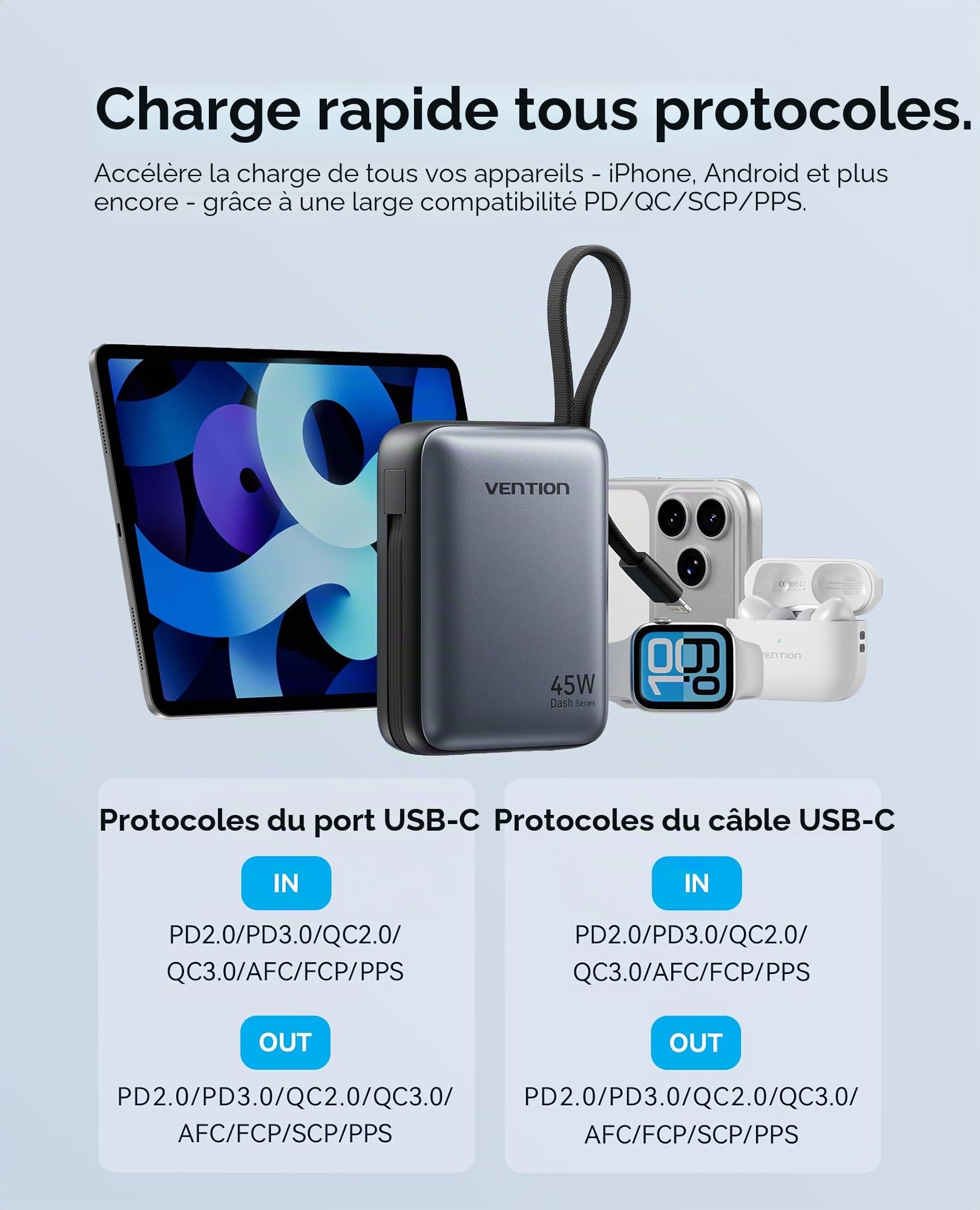 VENTION Mini 45W Batterie Externe, 10000mAh Câbles USB-C & Lightning Intégrés Power Bank, Portable Charge 3 Ports pour MacBook, iPhone 12-15 16 17 Pro Max, iPad, airpods, Galaxy S25 S24, LED