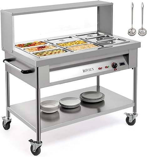 ROVSUN 72QT Calentador eléctrico comercial de alimentos de 1500 W, mesa de vapor de 9 cuartossartén de acero inoxidable de 8 cuartos de galón con