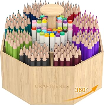 CraftGenes Bamboo Rotating Pen Organizer for Desk, 360 Spinning Desk Organizer with 10 Compartments, Wooden Pencil Holder, Desk Caddy for Office Supplies, Marker Organizer for Office Home School