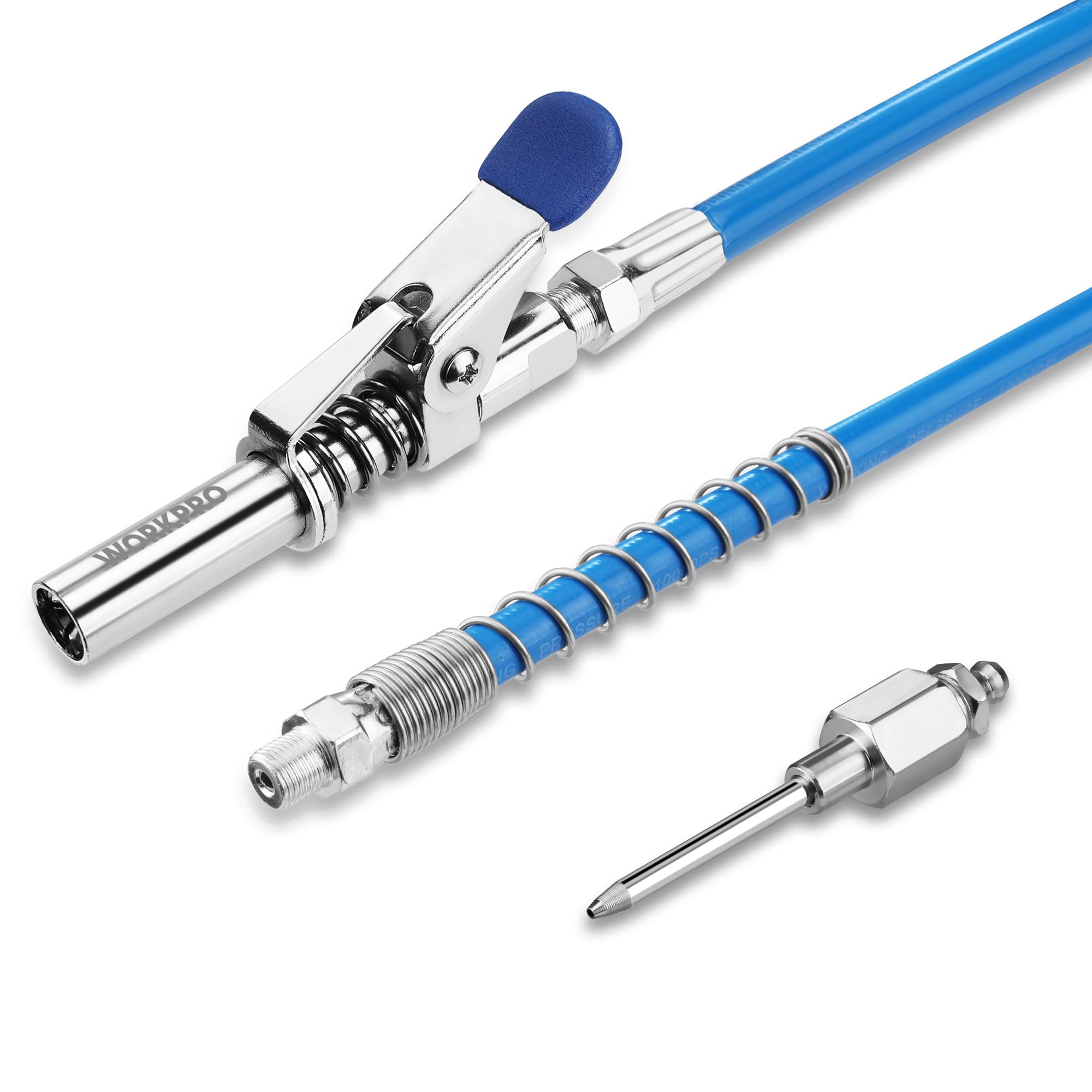 WORKPRO Grease Gun Coupler Set, Quick Release Grease Gun Coupler with Grease Gun Needle Tip and 12” Grease Gun Hose, 10000PSI Strong Lock onto Zerk Compatible with 1/8" NPT Fittings