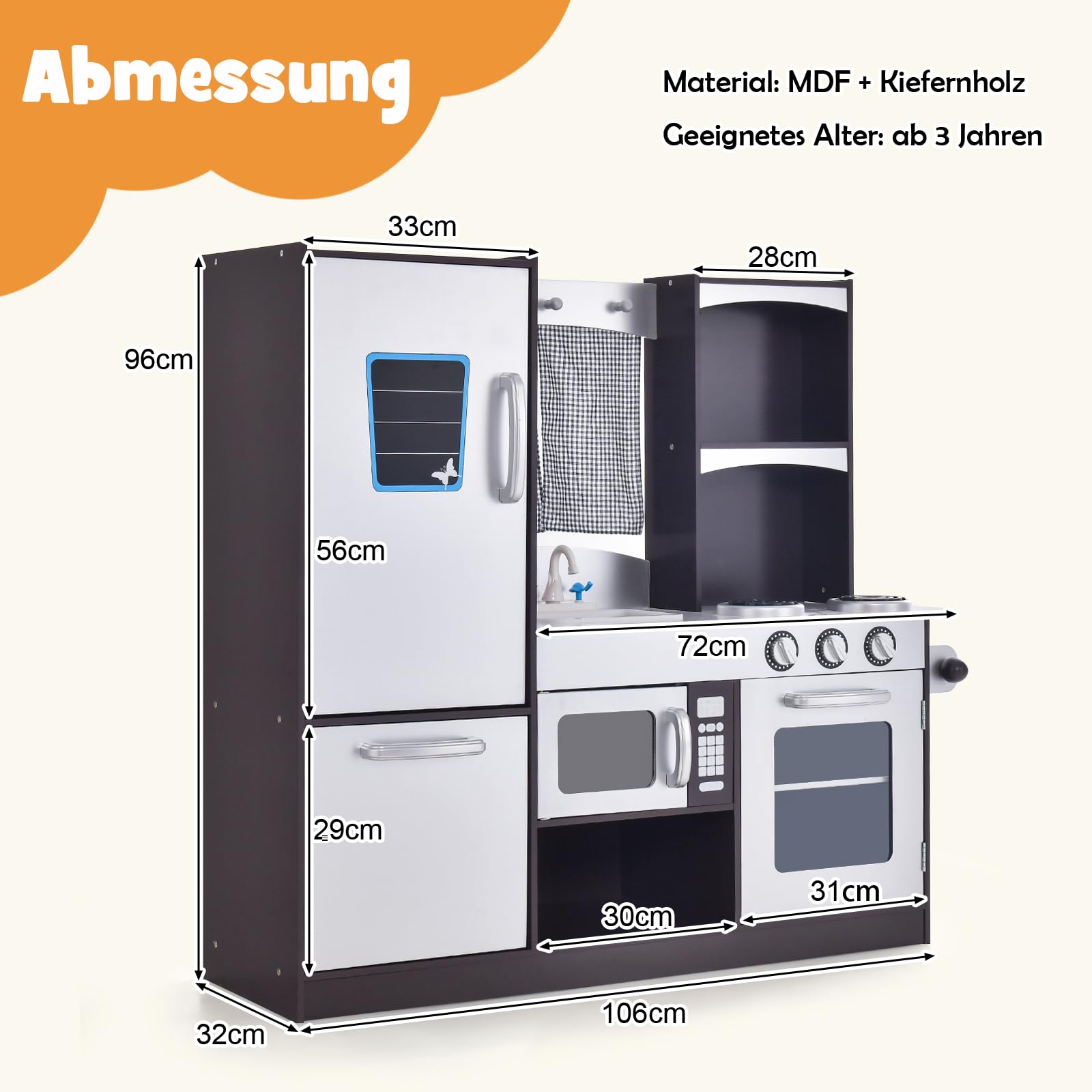 DREAMADE Moderne Kinderküche mit Spüle Herd Backofen Kühlschrank Mikrowelle, Kinderspielküche, Spielküche aus Holz für Kinder ab 3 Jahren kaffeebraun