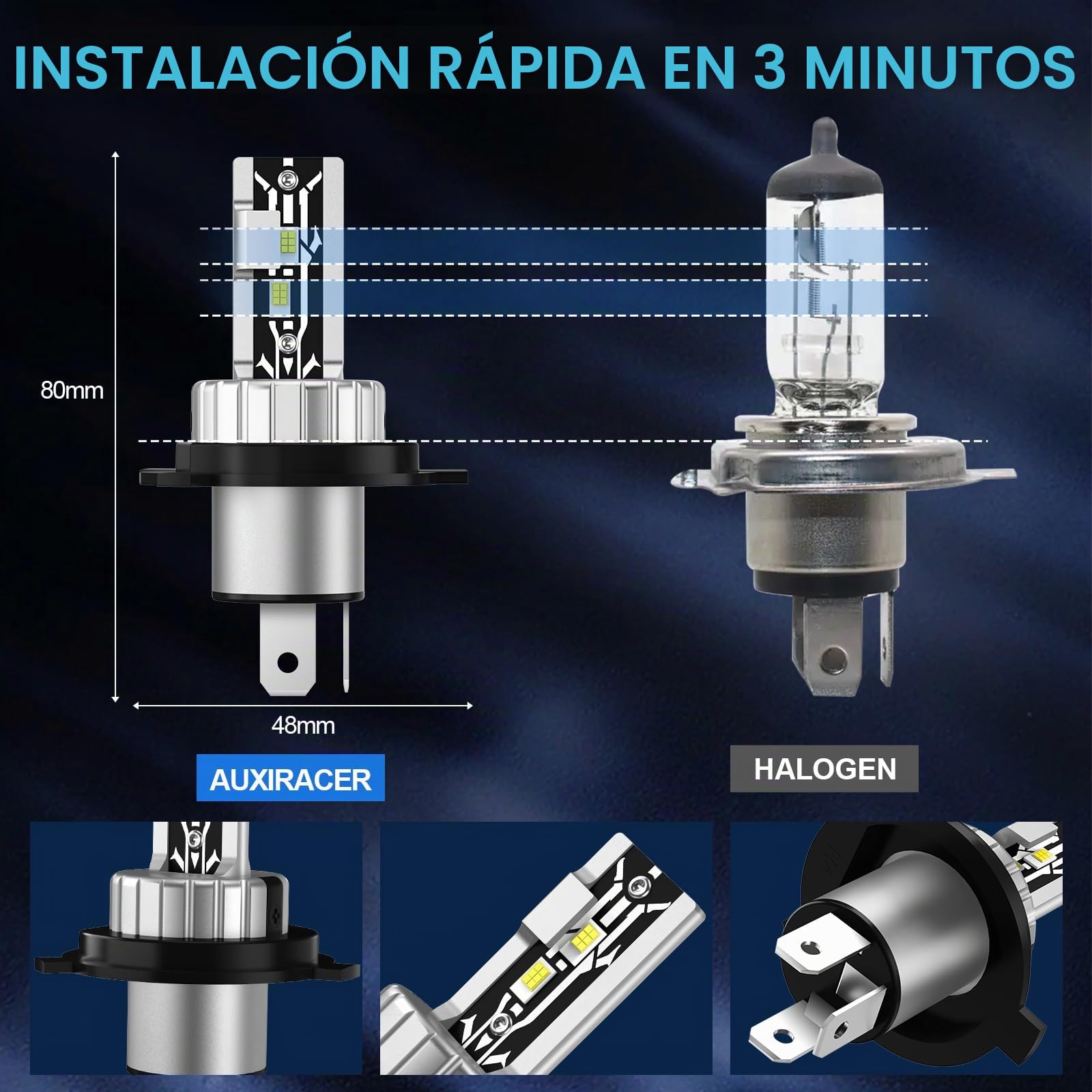 AUXIRACER Bombilla LED H4, 80 W, 6500 K, 12 V, blanco frío, resistente al agua, 2 bombillas