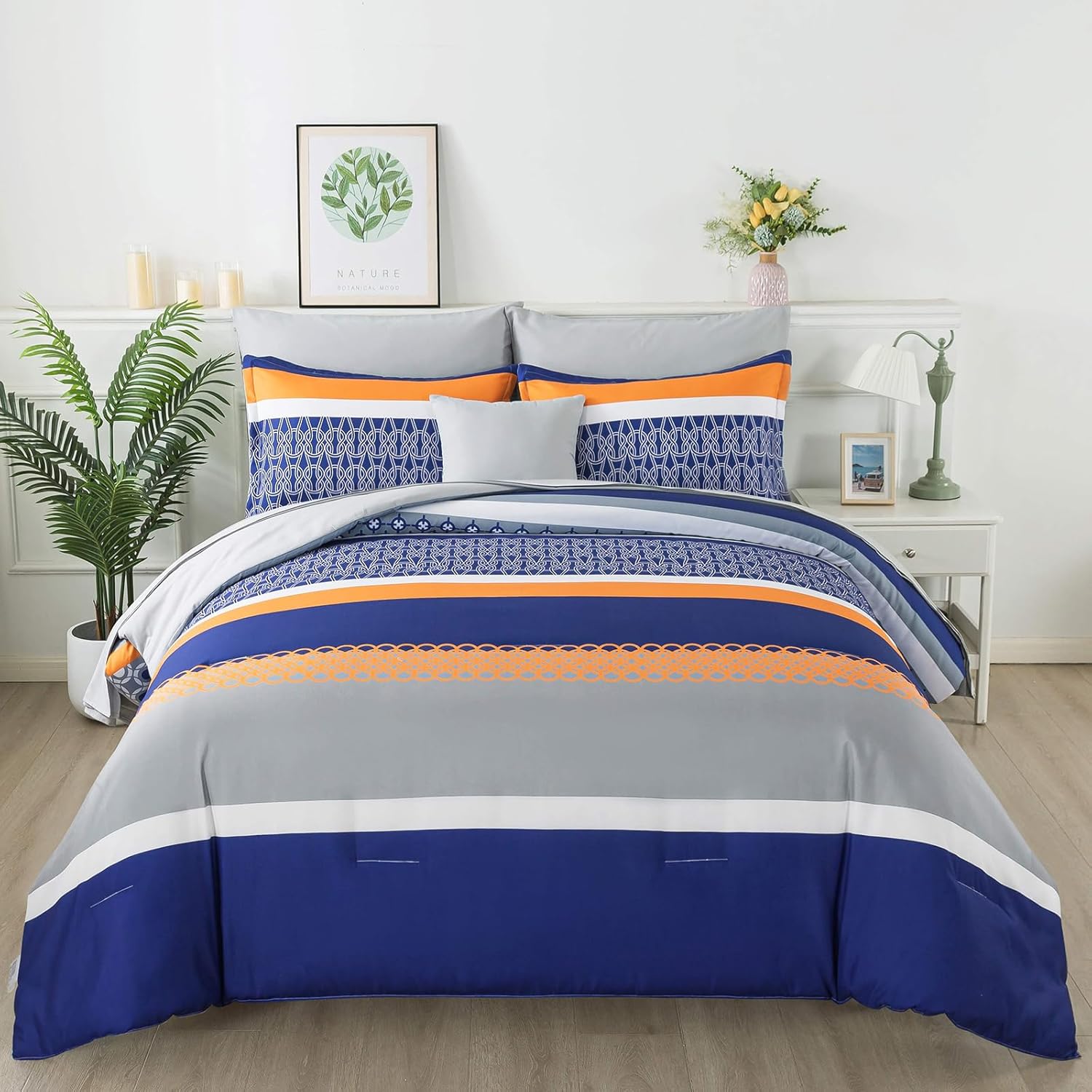 8 Pieces Bed in a Bag Stripe Comforter Set Queen Size,Blue Patchwork Striped Comforter with Sheets Set Soft Microfiber Boho Bedding Sets (Blue,Grey) - Image 3