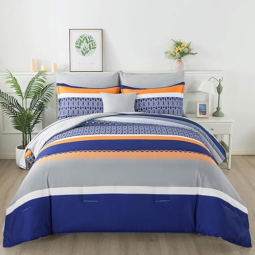 Miniatura 3 de Juego de ropa de cama con edredón y sábanas, tamaño Queen, de 8 piezas, azul, en una bolsa, diseño de rayas y retazos, bohemio, de microfibra suave