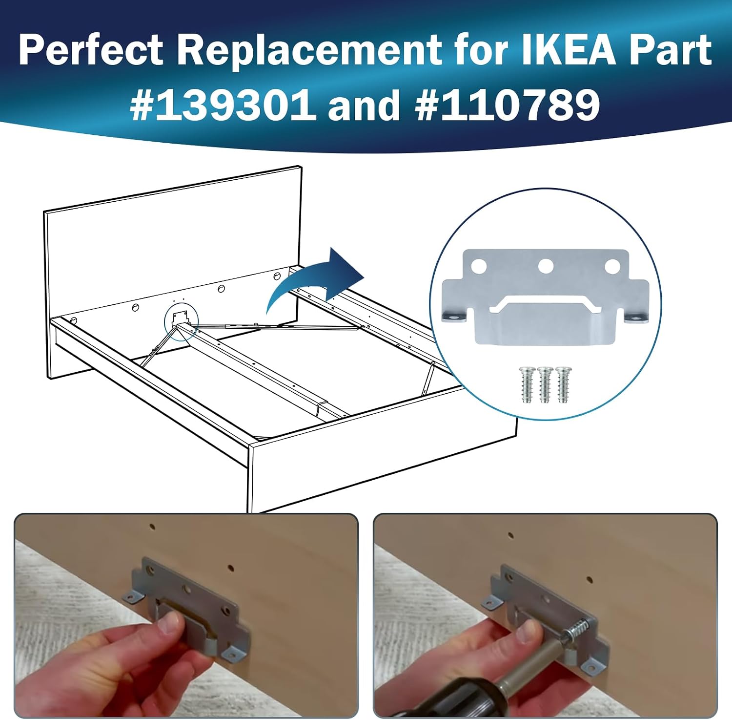 Spare Hardware Parts 139301 Mounting Plates Bed Frame Brackets and 110789 Screws Replacement for IKEA Bed Frame Part (2 Mounting Plates and 6 Screws)