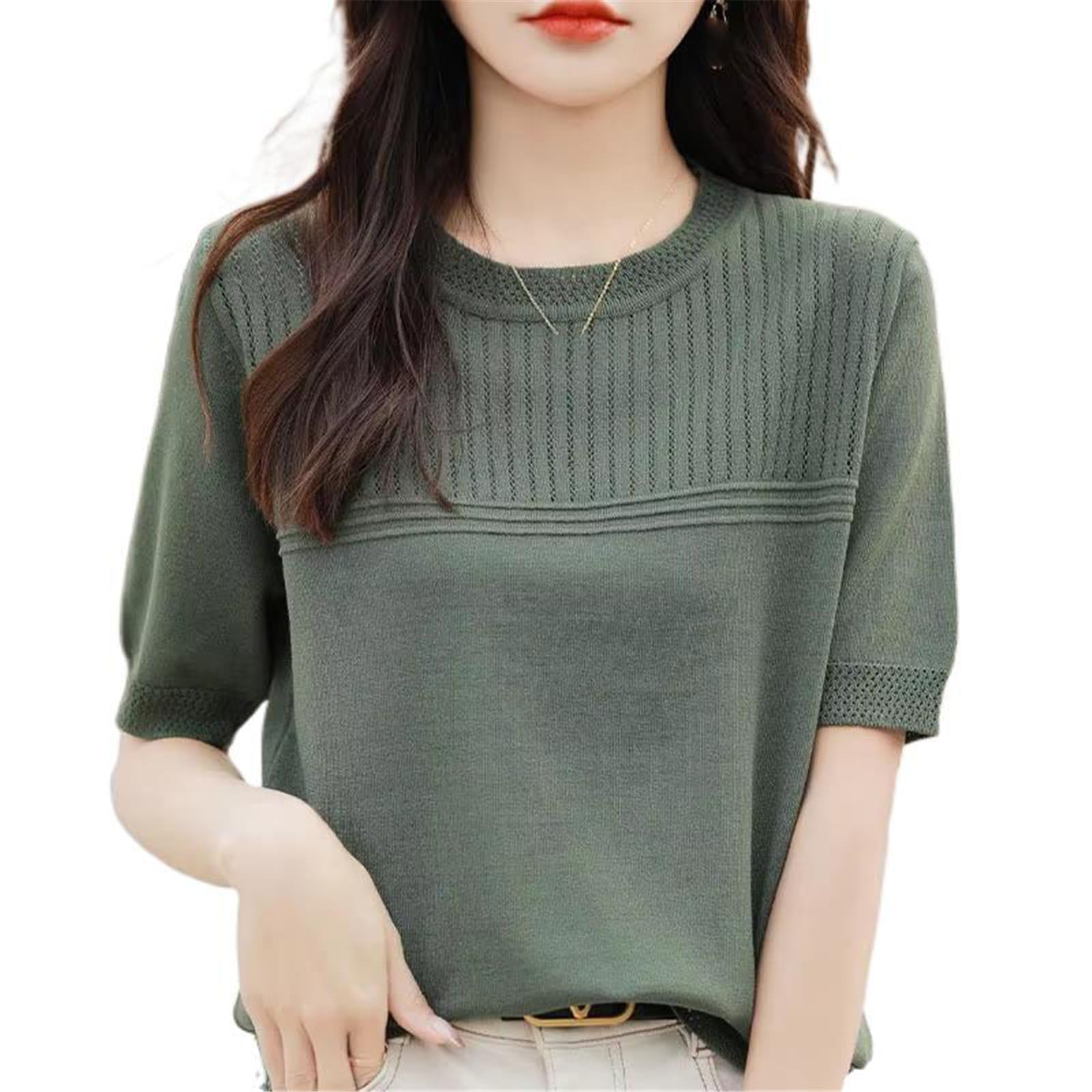 Maglia Morbida Donna Traforata, Top a Maniche Corte e Collo Tondo Morbido per Estate