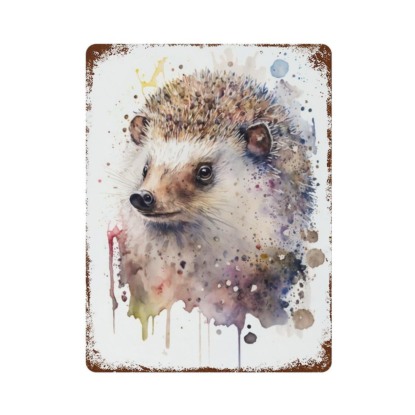 Rusty Metal Tin Sign Hedgehog Hues Watercolor 15.7"x11.8", Industrial Home Decor for Patio, Garden Room And Bar Decor