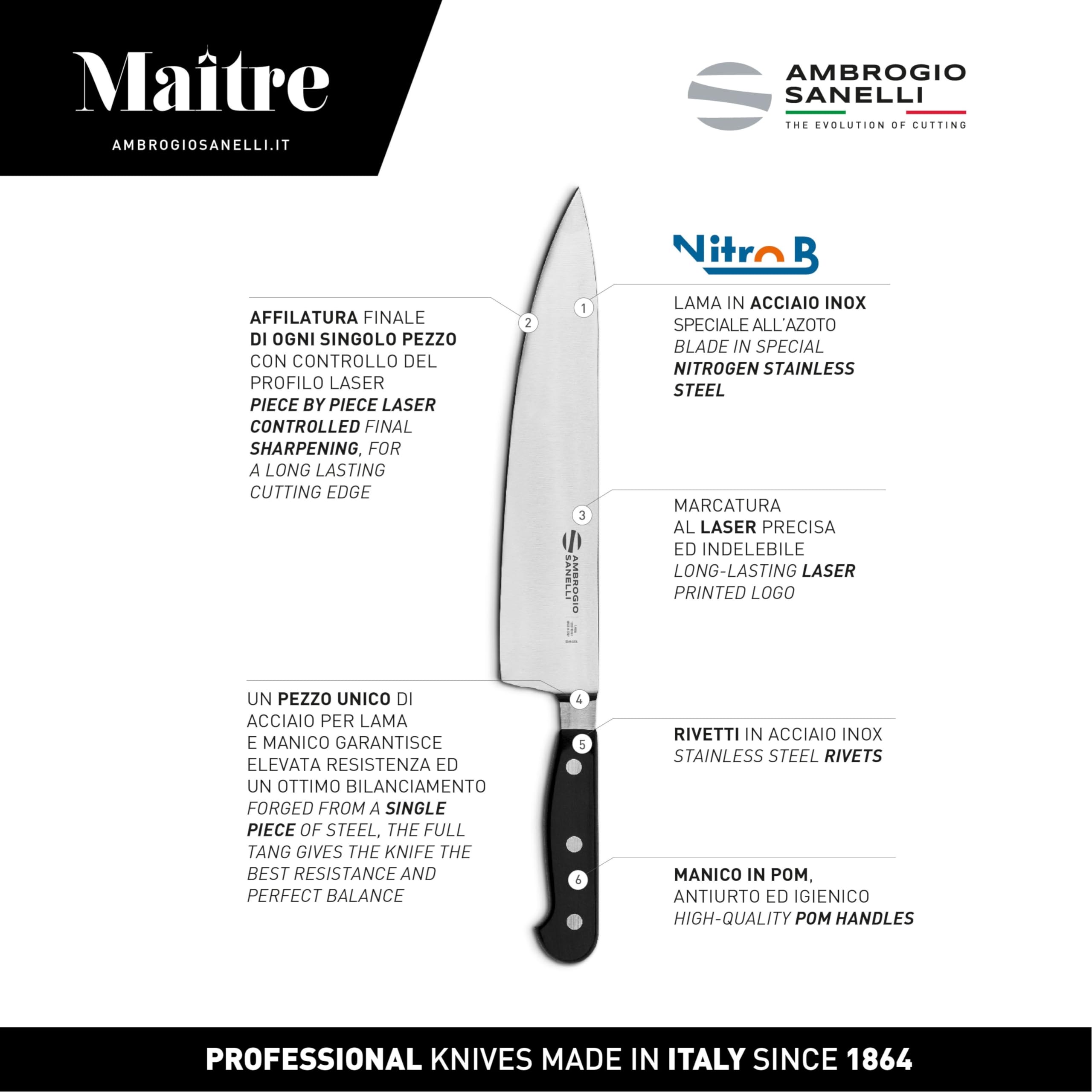 Ambrogio Sanelli, Maitre Forchettone Forgiato per la Carne con Lama in Acciaio Inox all'Azoto 33 cm e Manico Ergonomico, Forchettone da Cucina Professionale, Made in Italy
