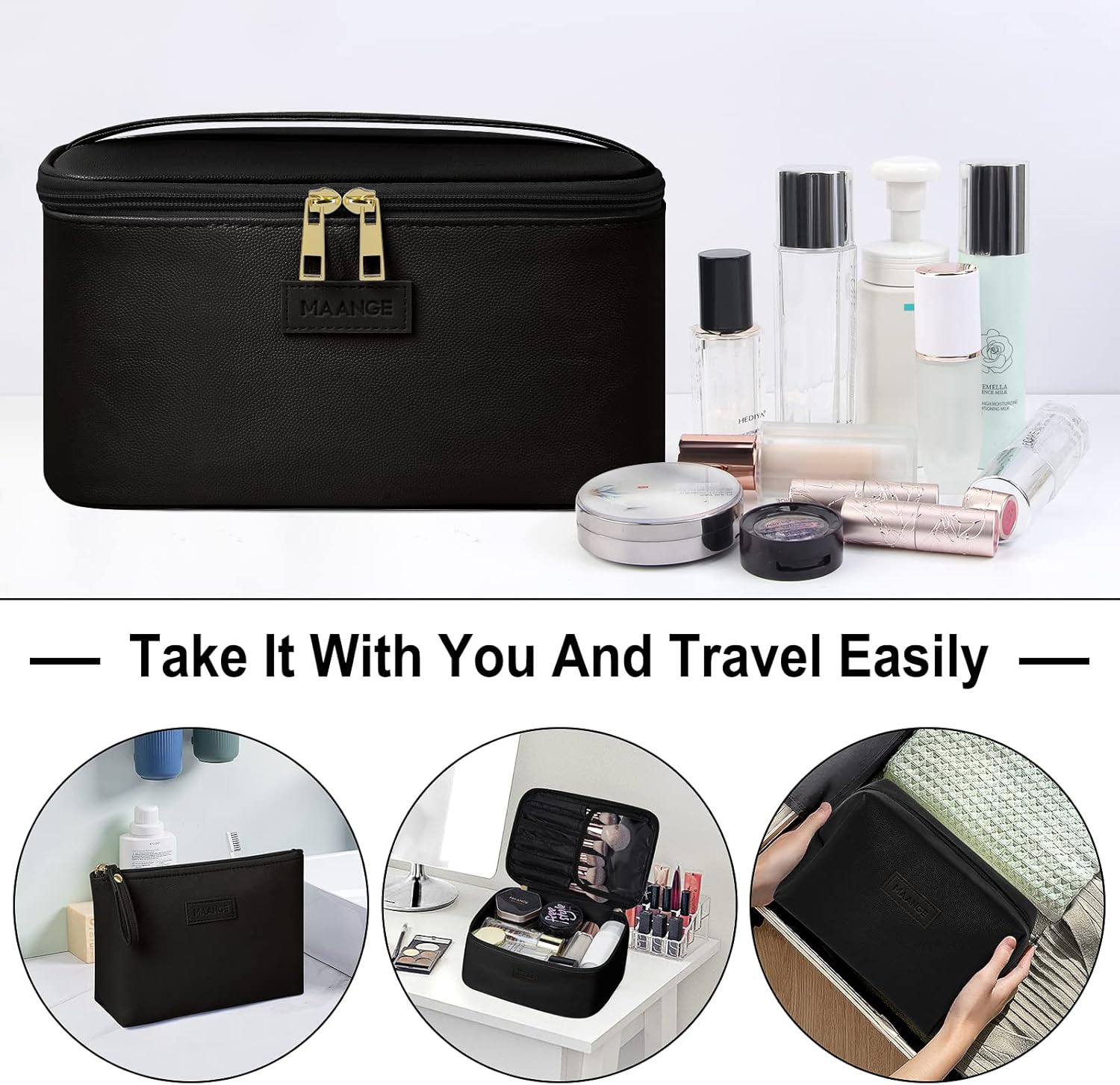MAANGE Makeup Bag - Large Cosmetic Bag with 2pcs Small Makeup Bags Portable Leather Travel Makeup Bag Set Toiletry Bag Make Up Bags for Women and Girls (Black) - Image 5