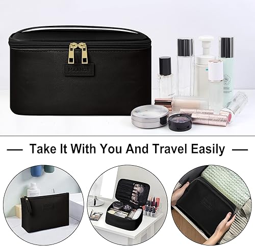Miniatura 5 de MAANGE Bolsa de maquillaje  Bolsa de cosméticos grande con 2 bolsas de maquillaje pequeñas, bolsa de maquillaje portátil de cuero de viaje, bolsa de