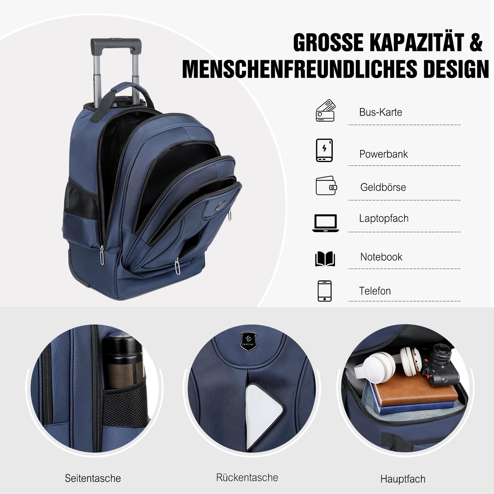 FANDARE 35L Laptop-Trolleys Herren Rollerrucksack 2 IN 1 Business Wandlungsrucksack Reiserucksack mit Rollen Trolley-Rucksack Rollen Handgepäck Notebook bis 15.6 Zoll Arbeit Aaktenkoffer Schwarz