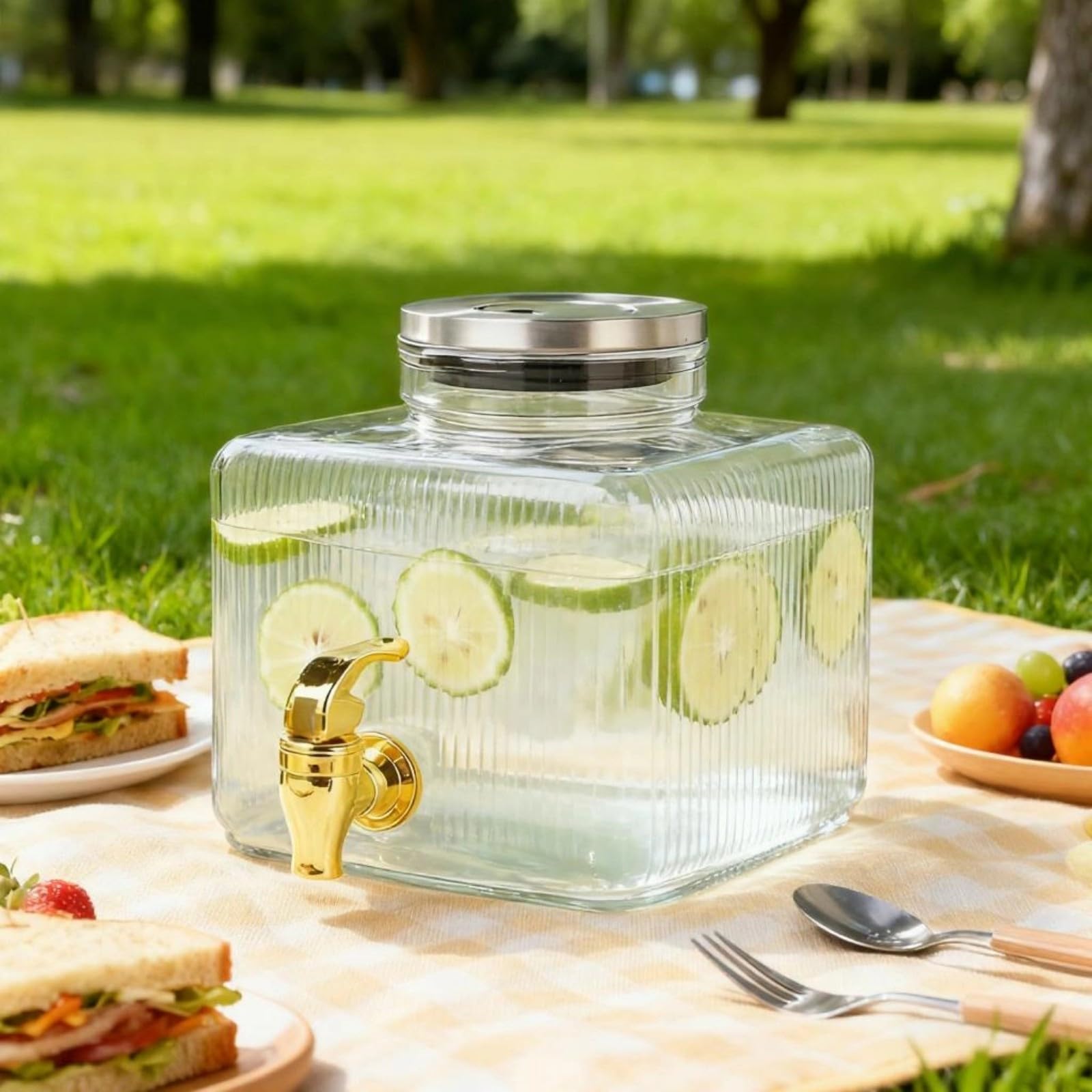 Jarra de agua transparente con tapa de acero inoxidable y boquillas, botella de agua para fiesta con dispensador de agua de vidrio con grifo