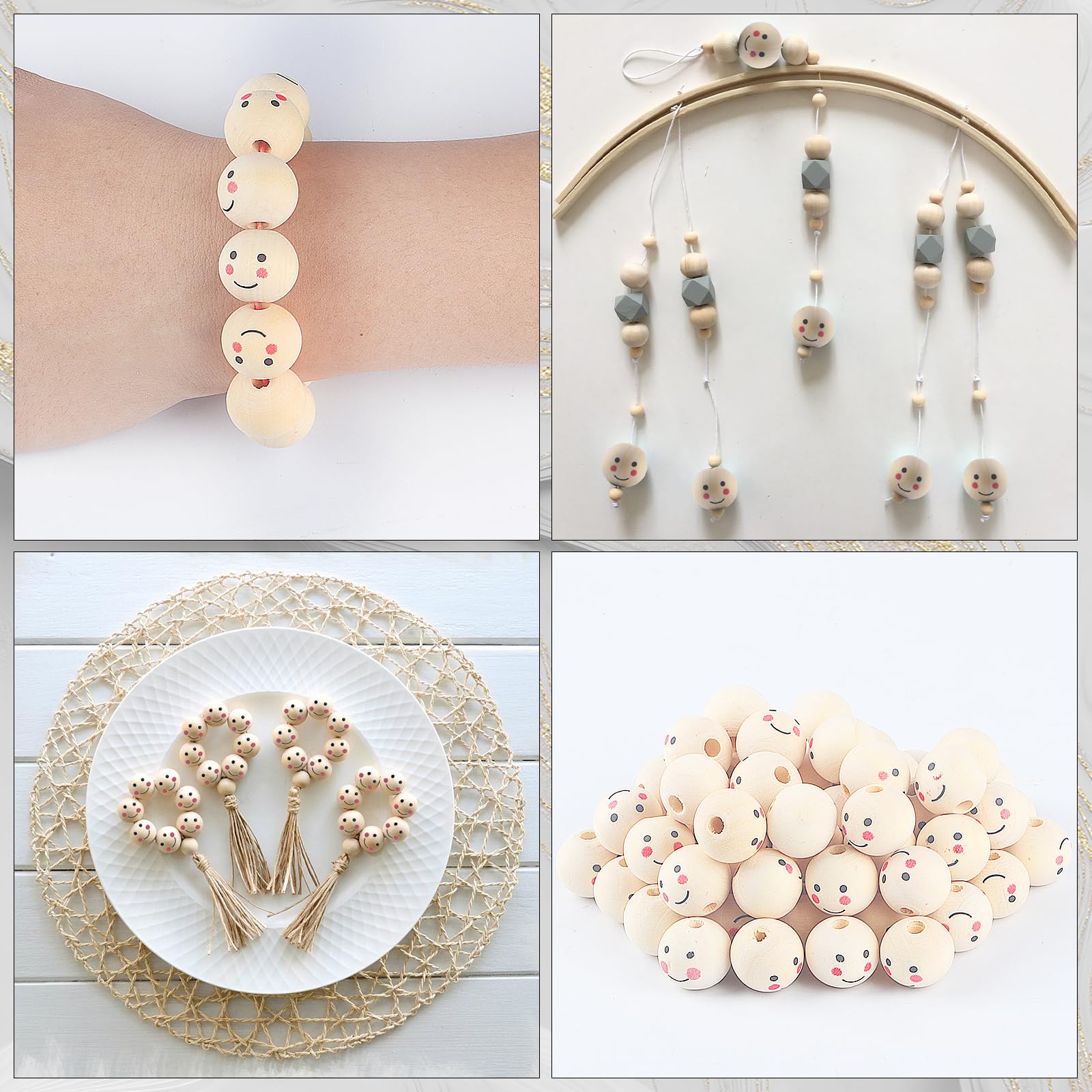 LOT DE 30 Perles Rondes En Bois Avec Visage Souriant, Peintes, Avec Trou, Pour EUR 10,45 - FR