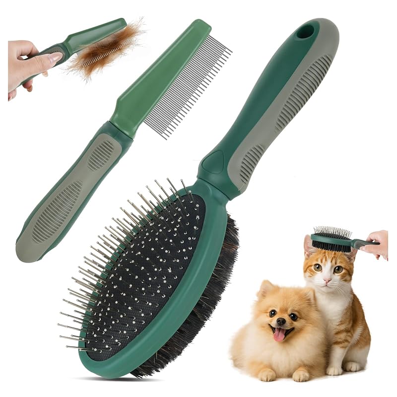 Escova Dupla Face e Pente Desembaraçador para Cães e Gatos JingSoft, Pacote com 2