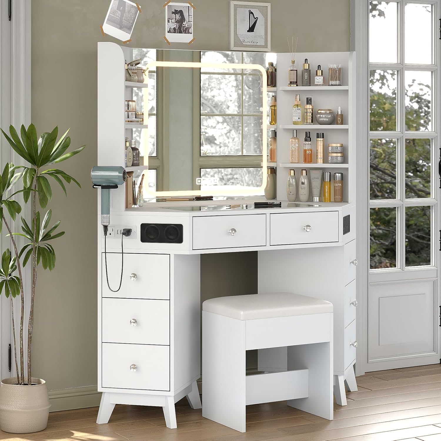 Corner Vanity Desk with Buil-in Speaker, 8 Drawers & 6 Shelves, Makeup Vanity with Glass Top, Modern Vanity with Mirror and Lights, 3 Color Lighting Modes, Dressing Table for Bedroom, White
