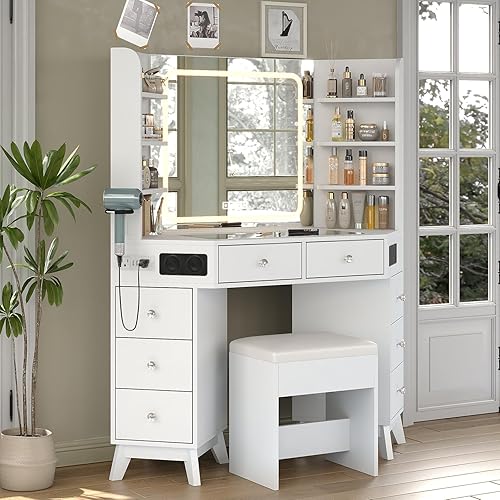 Miniatura 8 de Escritorio esquinero con altavoz Bluetooth, 8 cajones y 6 estantes, tocador de maquillaje con parte superior de cristal, tocador moderno con espejo