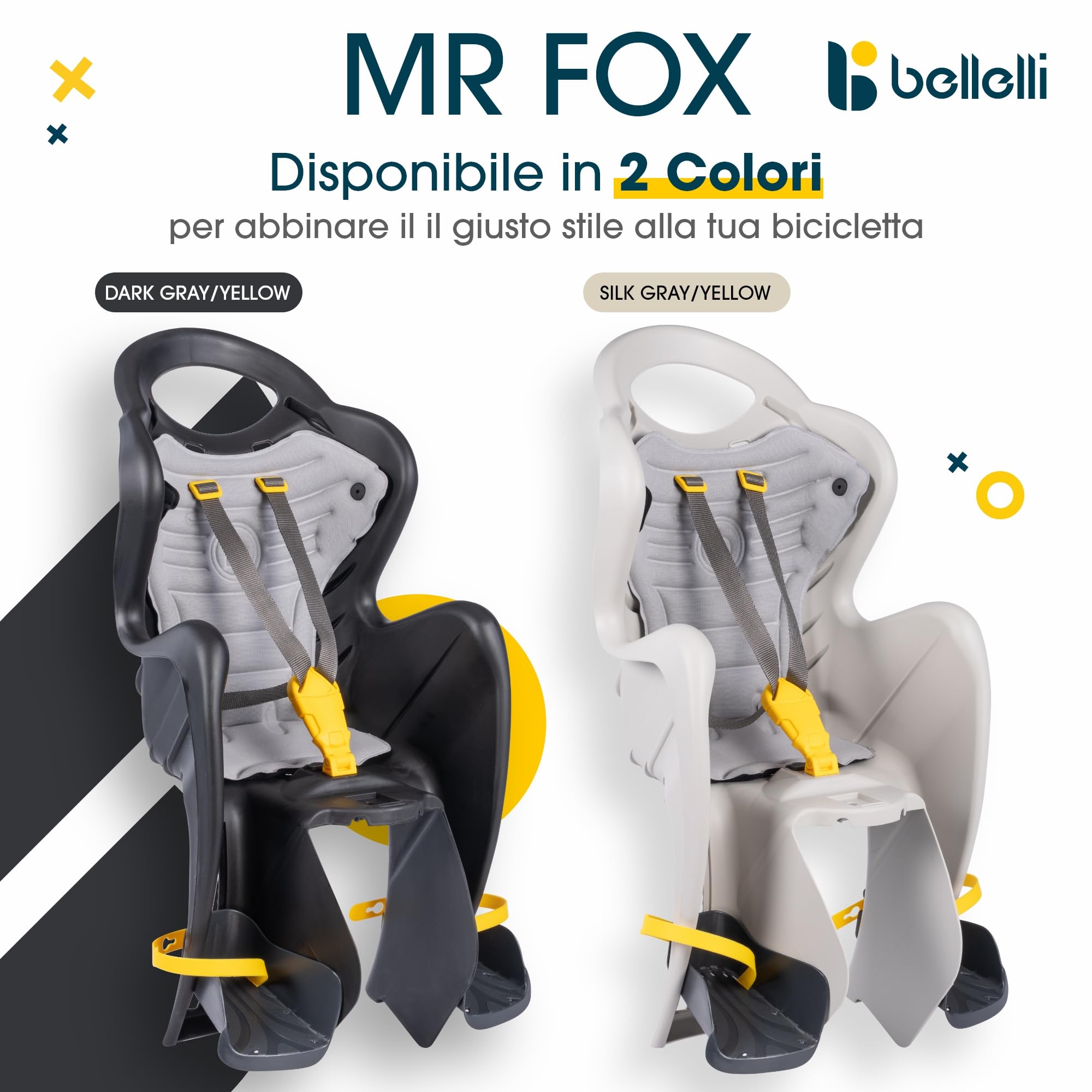 Bellelli | Mr Fox - Seggiolino Posteriore per Bicicletta - per Bambini Fino a 22 kg, da 3 a 8 Anni - Si Fissa al Telaio - Colore Silk Grey