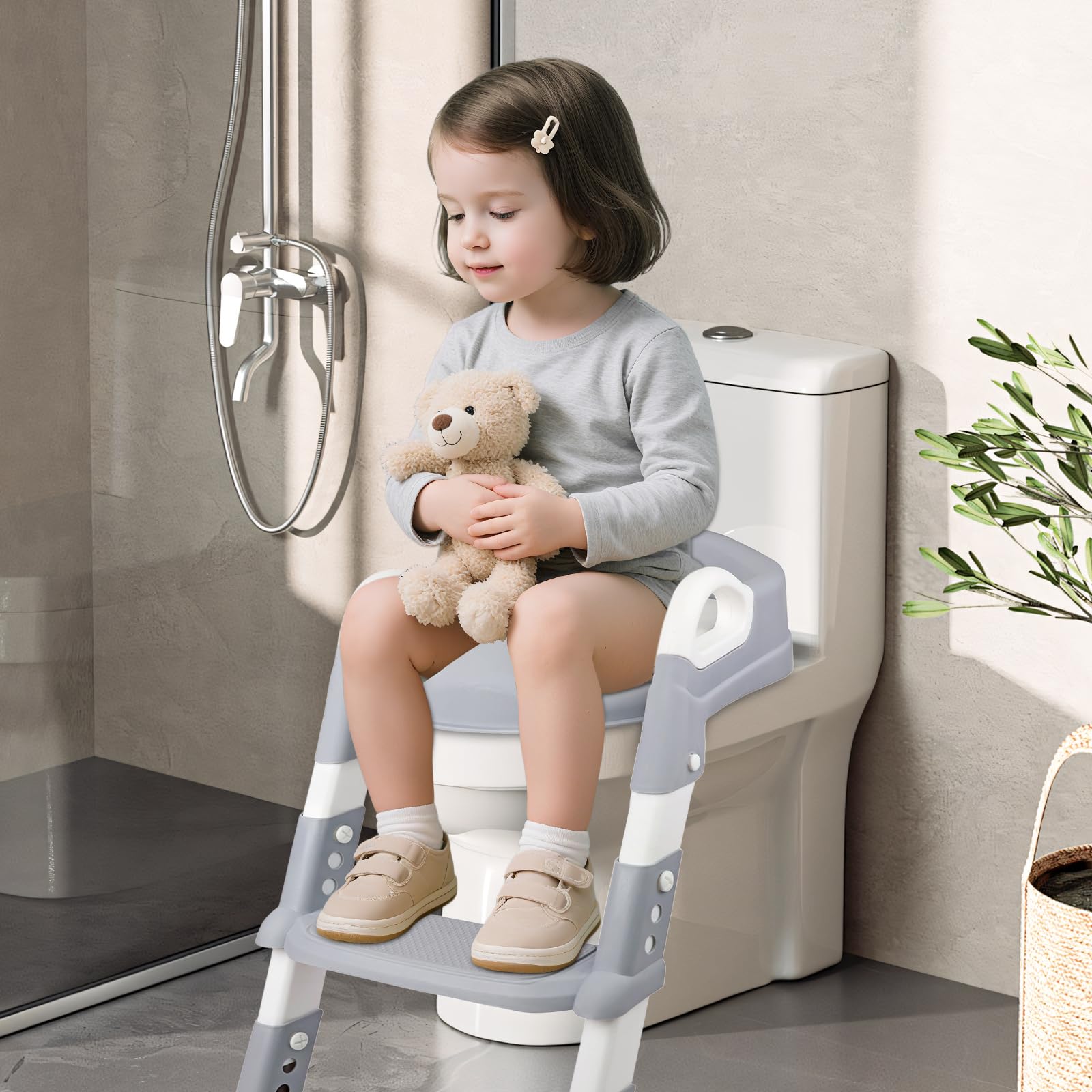 Alivio 2-in-1 Kids Potty Training Seat with Adjustable Ladder, Toddler Foldable Potty Trainer - Non-Slip & Secure Handles Children Toilet Seat 2-7 Yrs