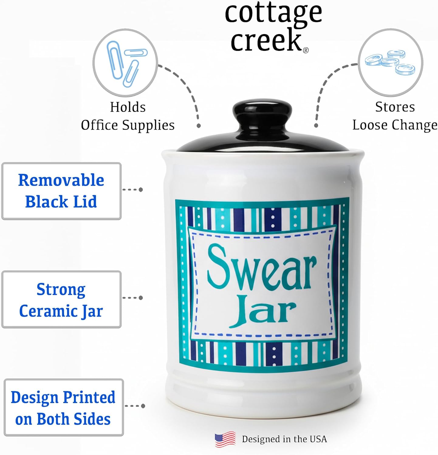 Cottage Creek Ceramic Swear Jar | 6-Inch Swearing Jar Piggy Bank | Unique Desk Decor for Home, Office, & Kitchen Counter | Perfect for Birthday, White Elephant for Men & Women