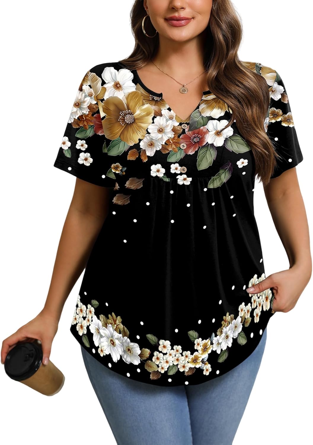 IN'VOLAND Womens Plus Size Tunic Top Summer Short Sleeve T-Shirt V-neck Button Up Dressy Blouse Casual Pleated Pullover 1X-5X - Image 5