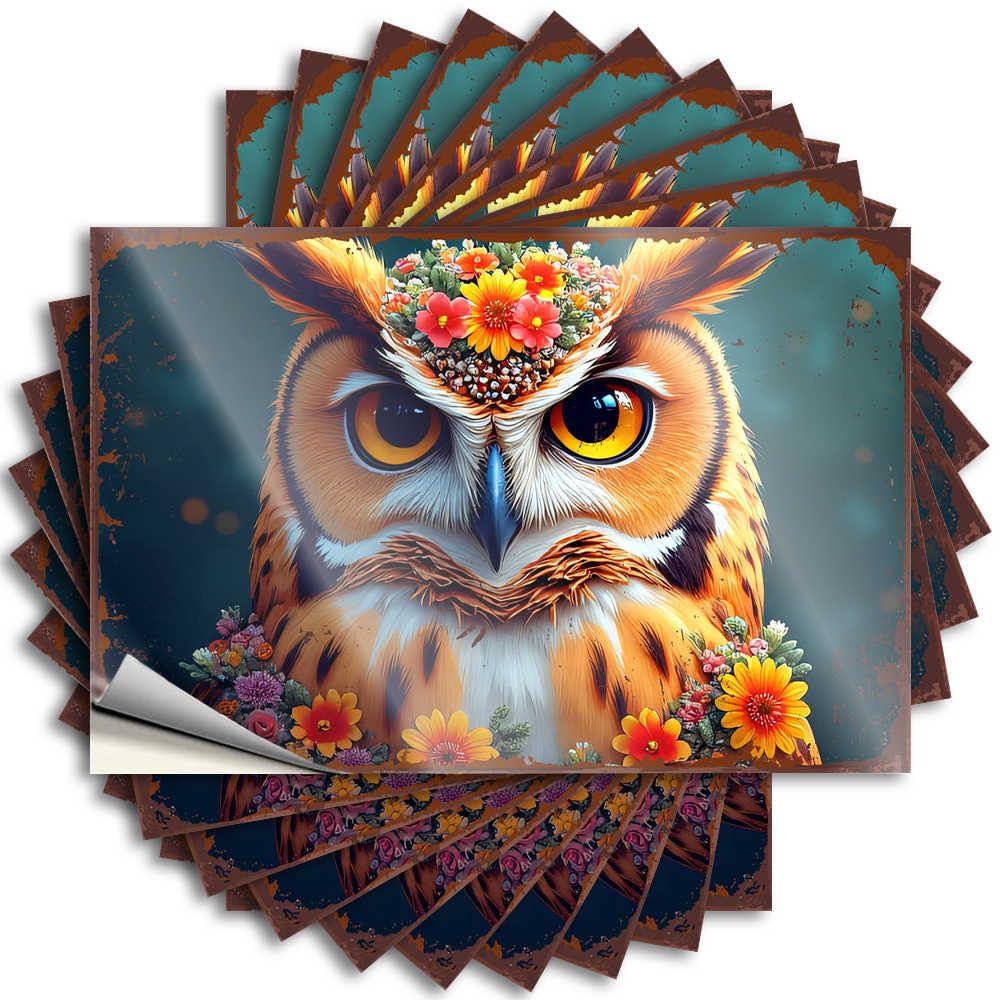 Fzfn Colour Tattoo Optical Illusion Bar Cart Decor Waterproof - Floral Fantasy: The Majestic Owl In Bloom Garage Self Adhesive Decal For Halloween Use(8X12cm)