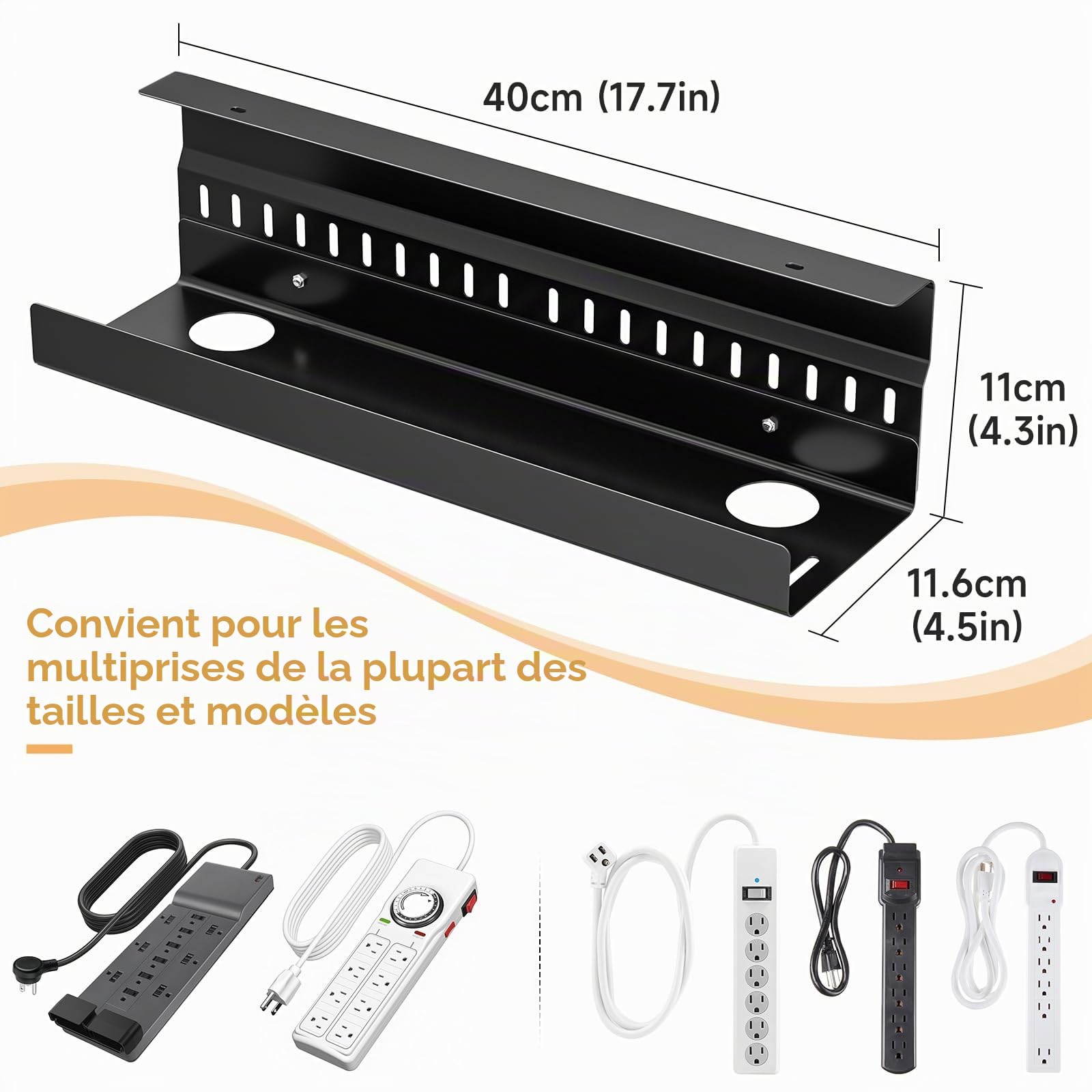 Plateau de Gestion de câbles sous la Table, Chemin de Cable Management Bureau, Rangement Cable Bureau, Support multiprise sous Bureau, Chemin de Cable Bureau, Noir