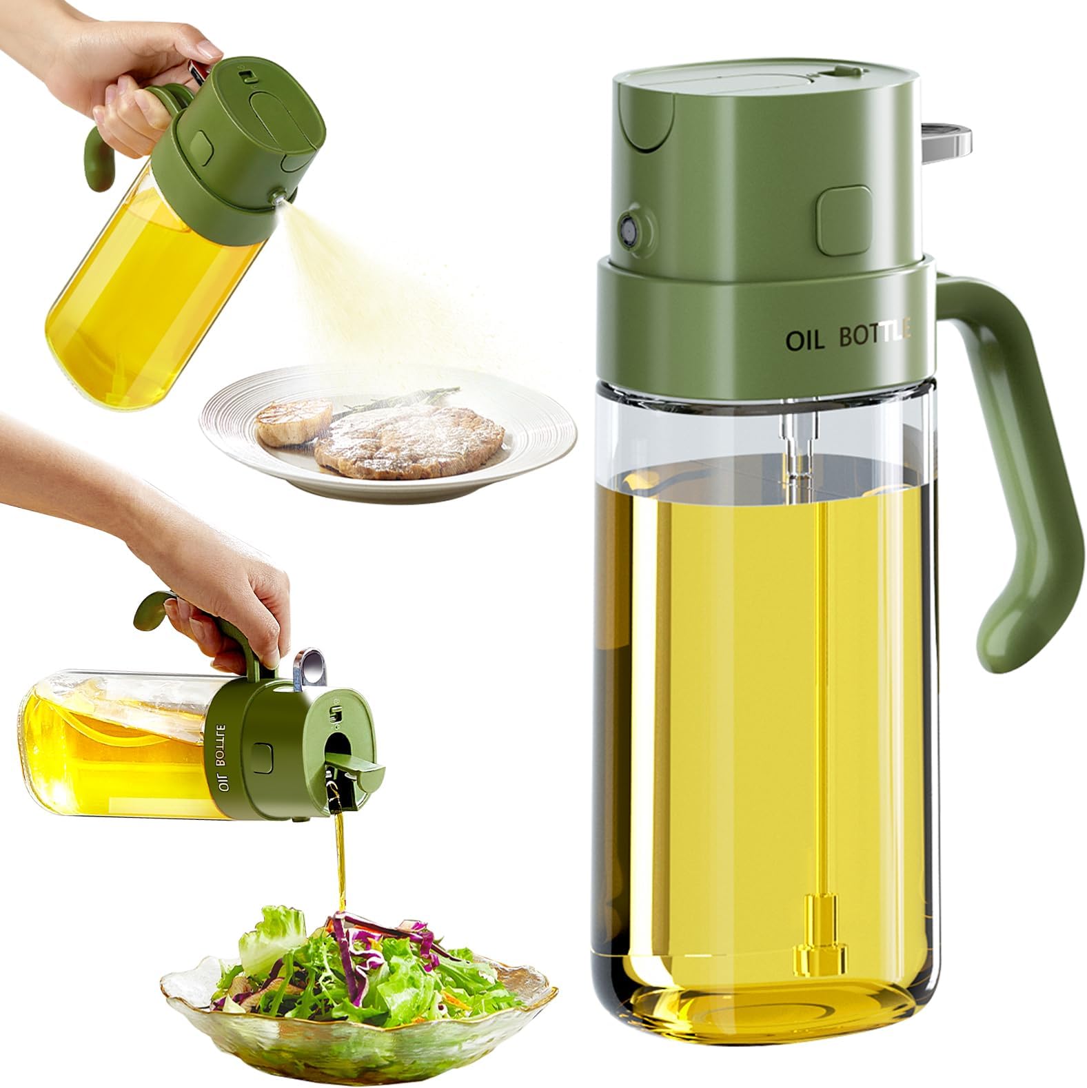 19OZ Oil Sprayer for Cooking, 2 in 1 Olive Oil Dispenser Bottle for Kitchen, 550ml Food-Grade Glass Bottle, Pourer & Oil Mister for Air Fryer, Salad, Frying, BBQ (Green)
