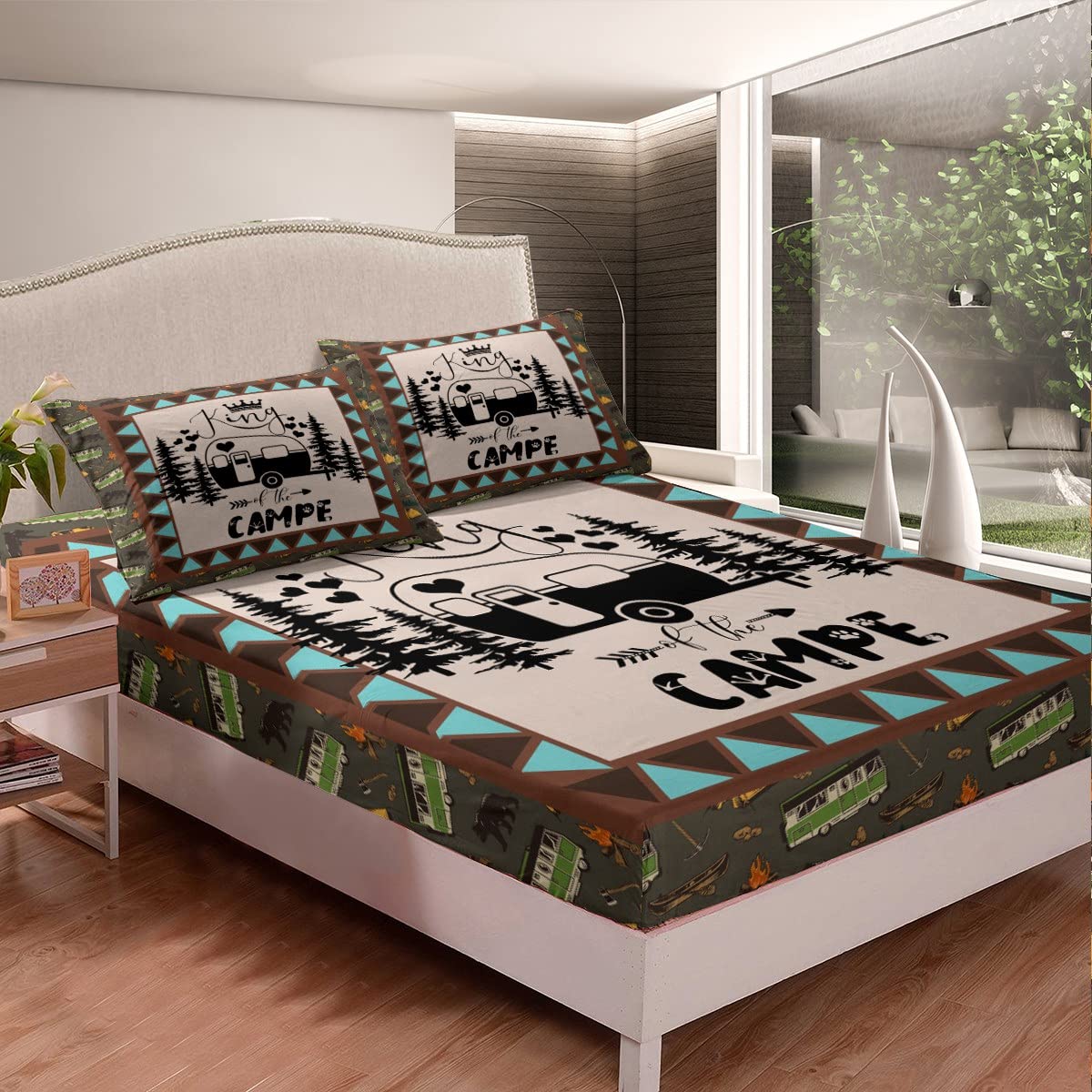 Set Piumino Matrimoniale Queen Size, Stile Camper, Microfibra Morbida, 228x228 Cm Con 2 Federe, Bianco E Nero - 2