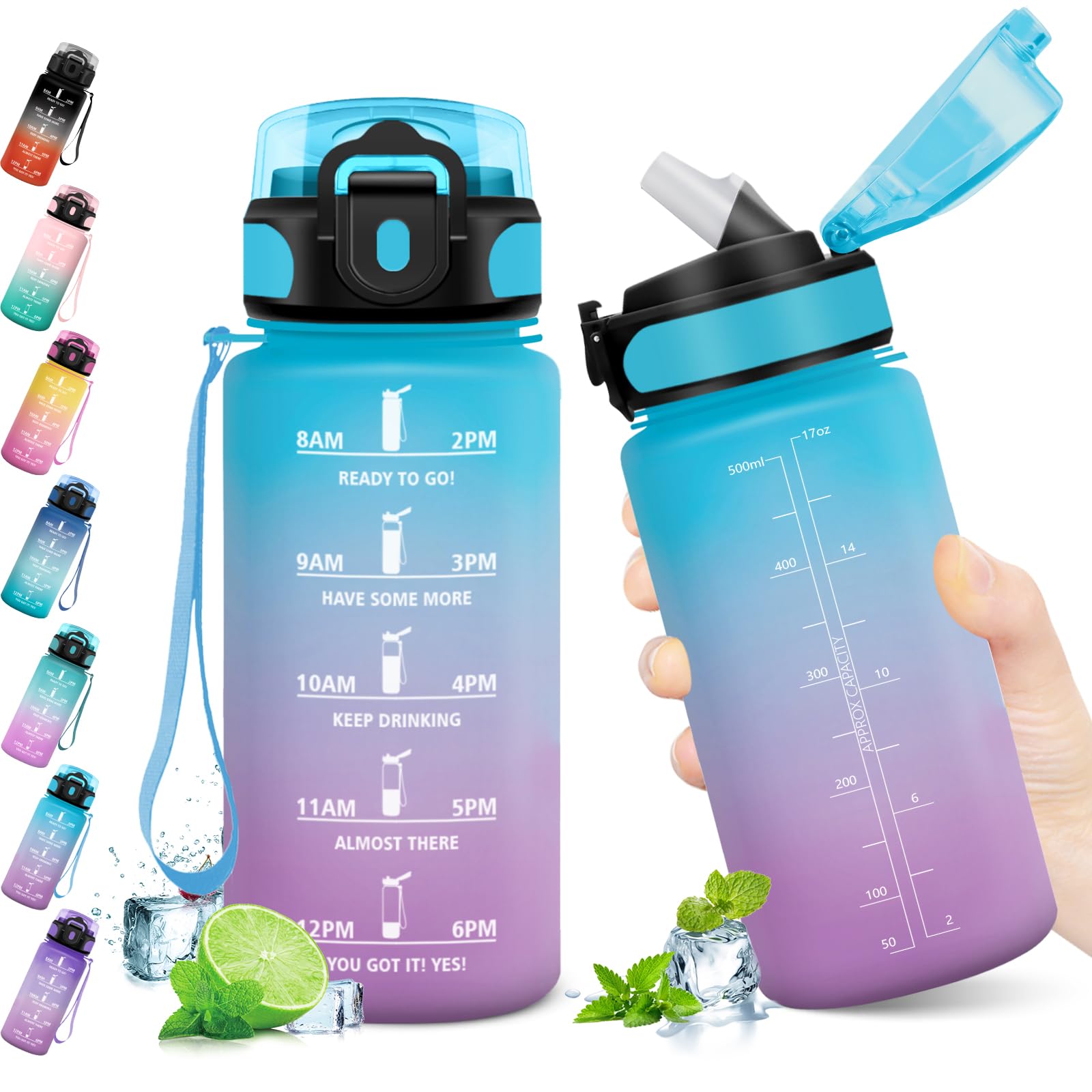 KollyKolla Children's Water Bottle, 500 ml, Water Bottle with Straw, Sports Water Bottle with Time Marking, Leak-Proof Water Bottle, Carbonated Drinks, Suitable for Children, Bicycle, School, Girls,