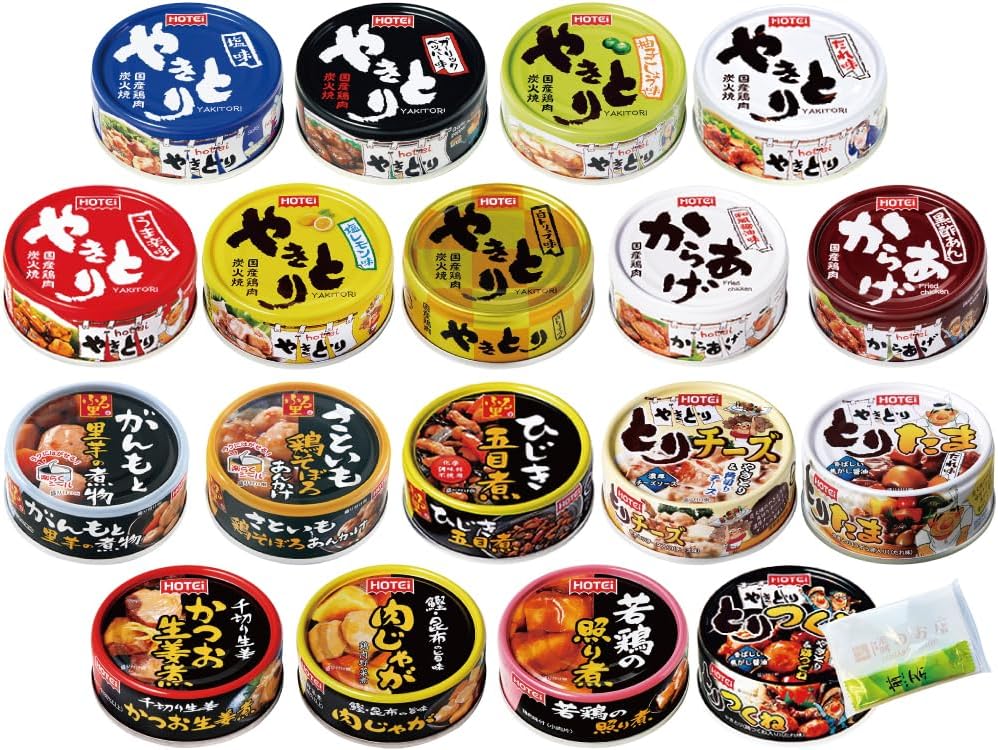 Hotei Foods Meat, Side Dishes, Yakitori, Canned Assortment, 1 Can of 18 Types, Gift for Long-term Storage *Sencha Tissue Set Next Door