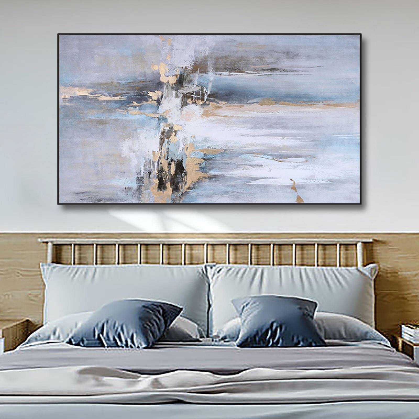 HYFBH Original Design Abstract Grey Oil Painting on Canvas Extra Large Modern Gold Foil Wall Art Pictures for Living Room Decor 90x133cm/35x52inch With-Black-Frame