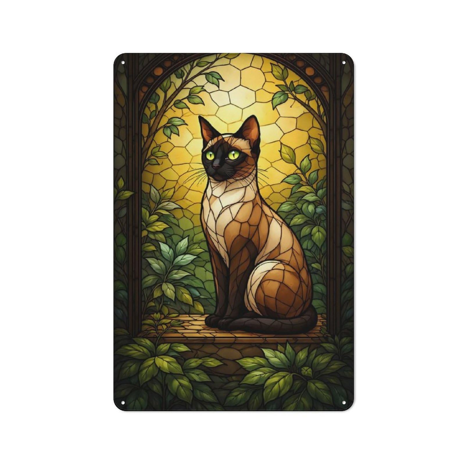 Vintage Tin Sign 30x20cm with Siamese Cat in Stained Glass Window for Pub Or Café, for Hospitality Wall Decor Collectors
