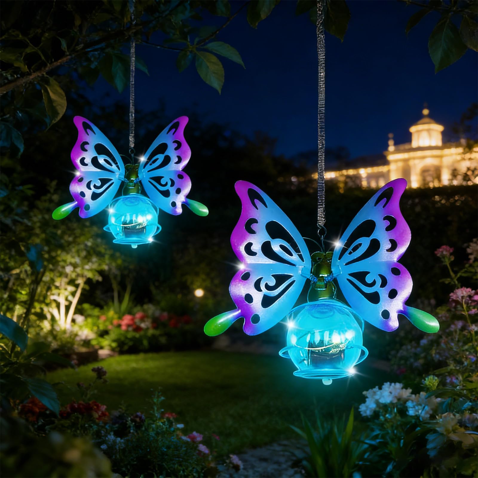 Hanging Butterfly Solar Lights - Outdoor Garden Decoration Hanging Butterfly Solar Lantern, Glowing Metal Fairy Lights Decor, Light with Feathers Garden Decoration Outdoor for Yard, Porch, Balcony