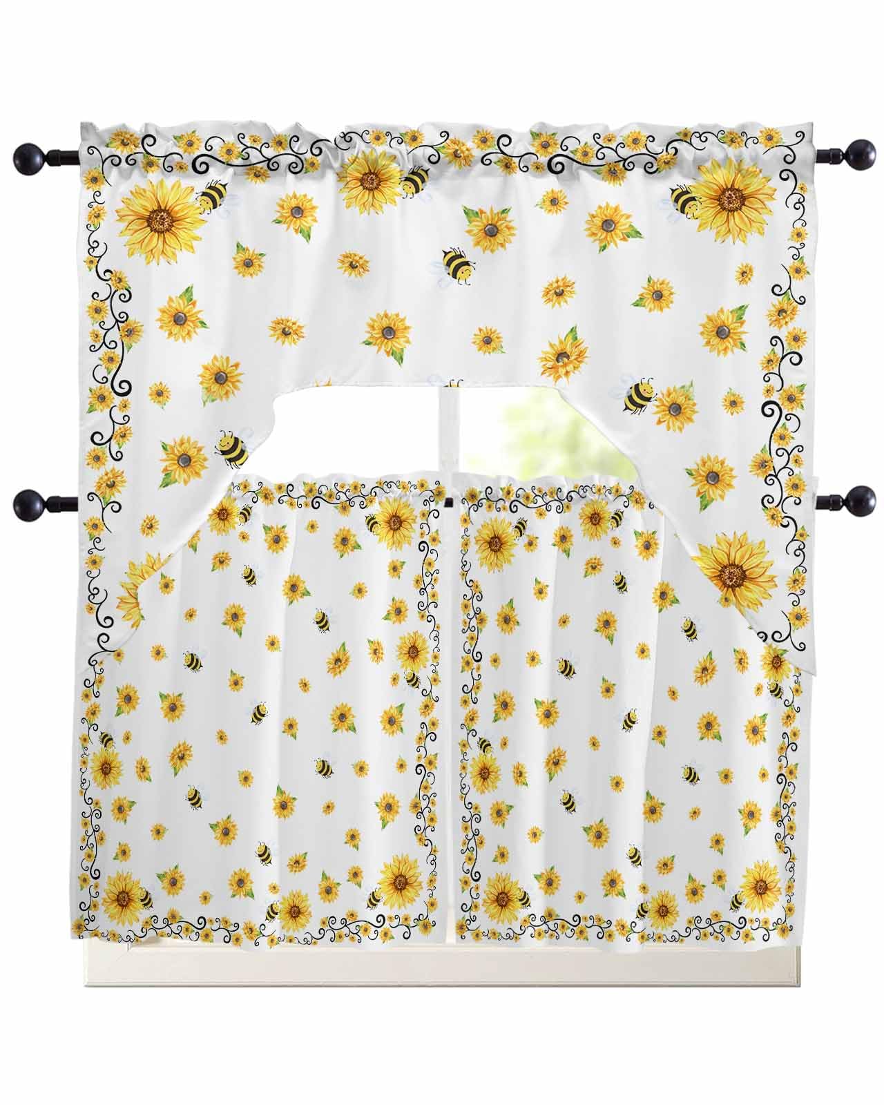 Sunflower White Swag Curtains Valance and Tier Set,Rod Pocket Curtain Drapes for Bathroom Over Sink Kitchen Curtains 3 Piece Set Summer Bee Spring Floral Watercolor Swag Valances 24 inches Tiers