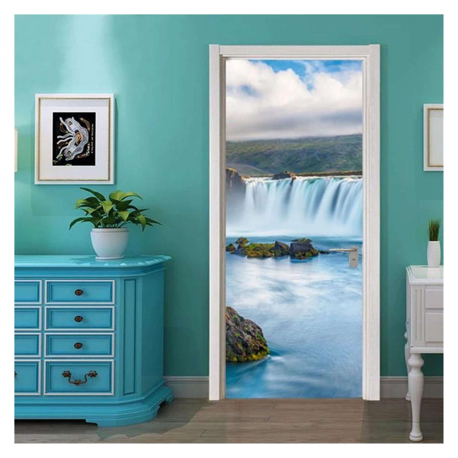Sticker de porte cascade 95x215 cm poster de paysage mural auto-adhésif
