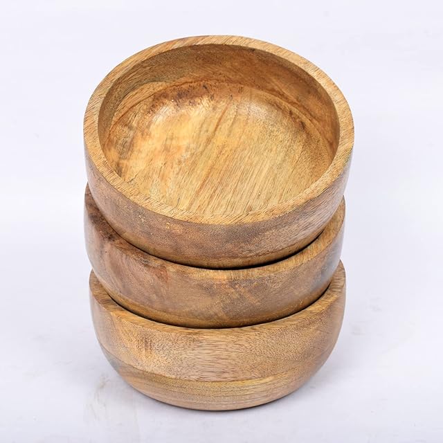 Samhita Mango Wood Round Bowl Set of 3 Perfect for Dips Sauce, Nuts, Appetizers, Desserts,. Looks Absolutey Beautiful with Your Kitchen Setting. (12.7cm x 12.7cm x 5.08cm)
